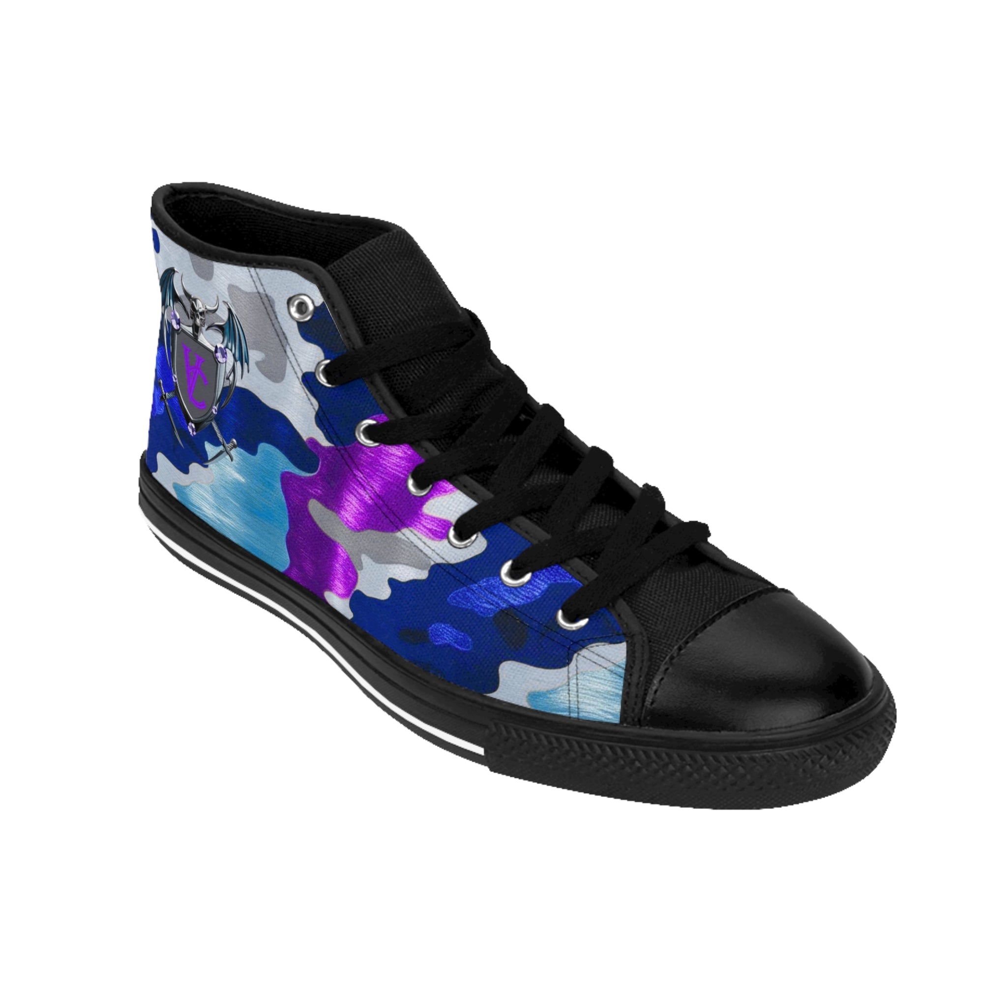 Women's Classic Sneakers - Colorful Camo High-Top Shoes with Unique Emblem