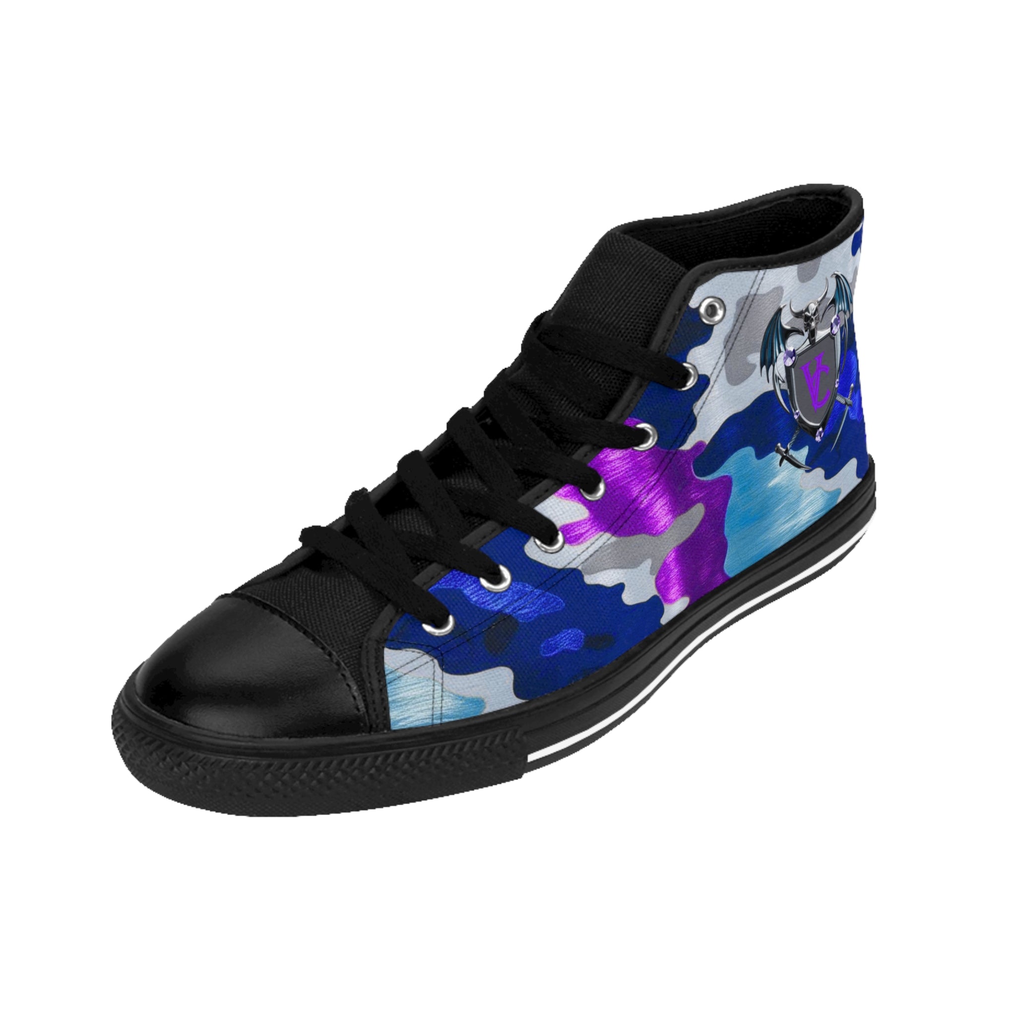 Women's Classic Sneakers - Colorful Camo High-Top Shoes with Unique Emblem