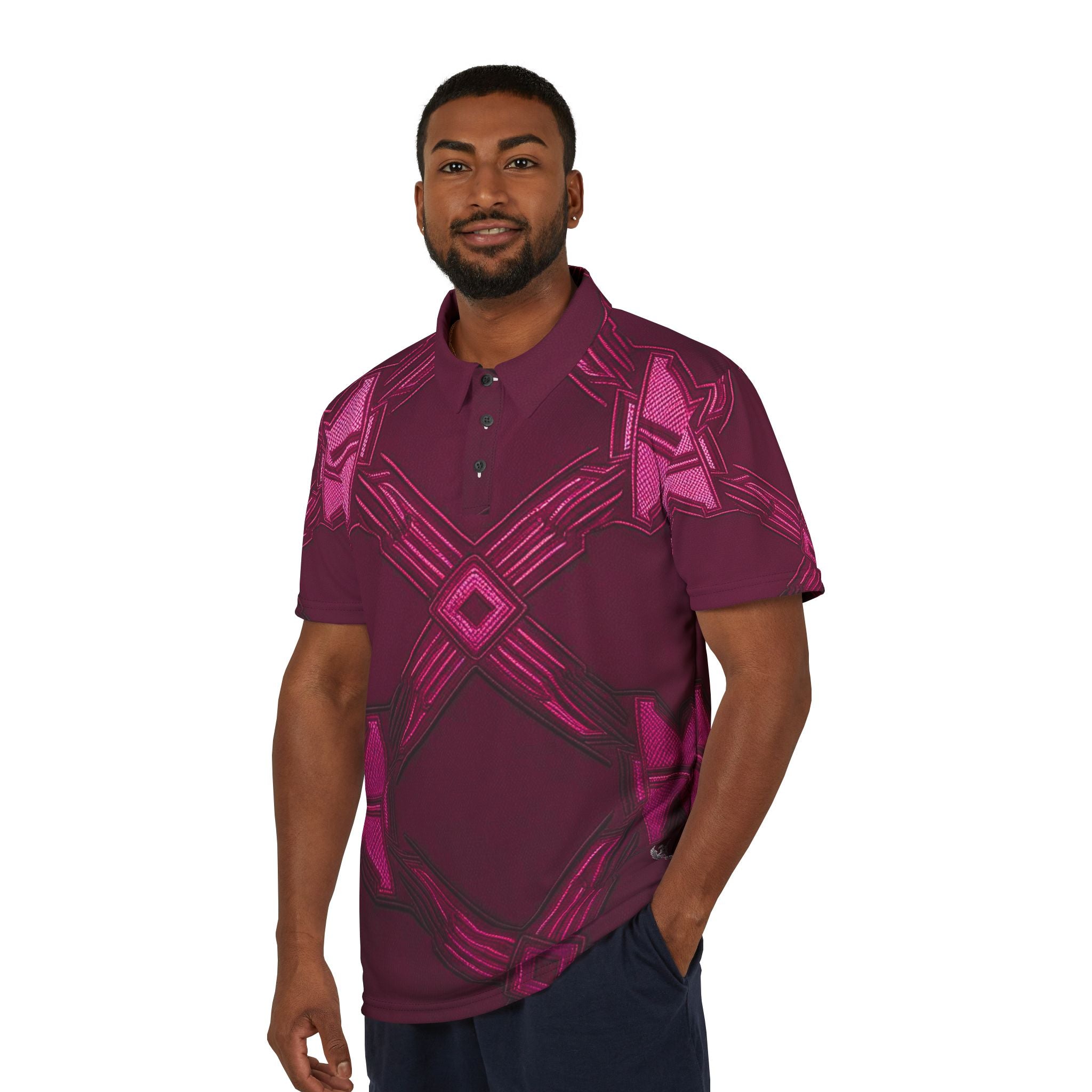 Stylish Unisex Polo Shirt with Bold Pink Geometric Design