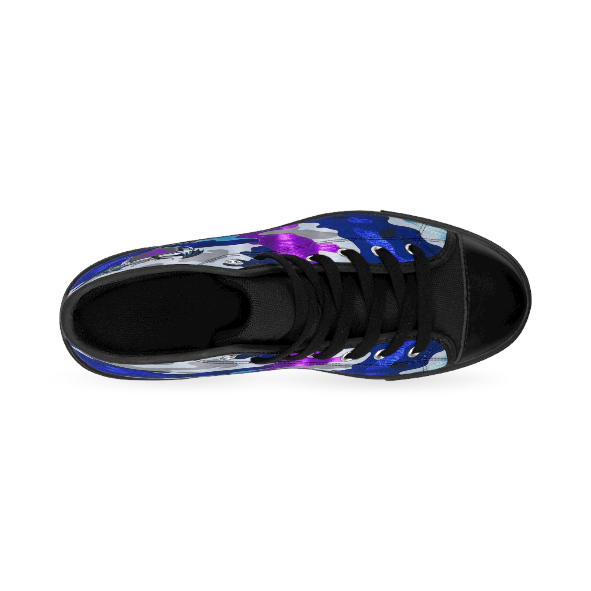 Women's Classic Sneakers - Colorful Camo High-Top Shoes with Unique Emblem