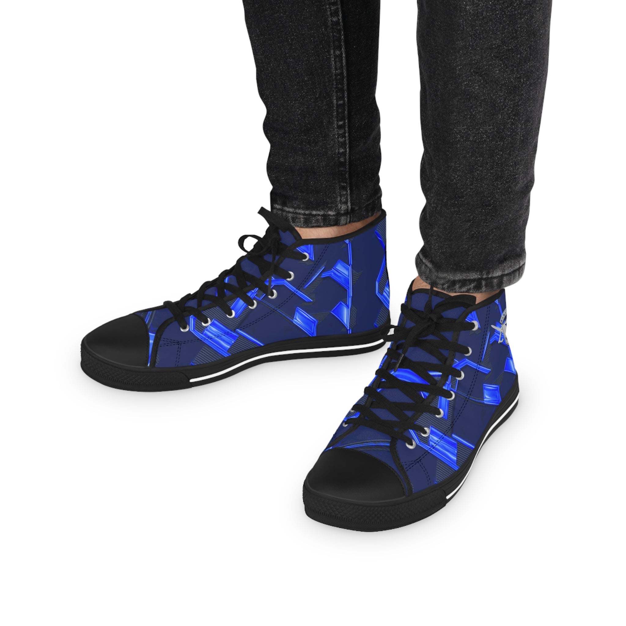 Stylish Men's High Top Sneakers with Blue Geometric Design