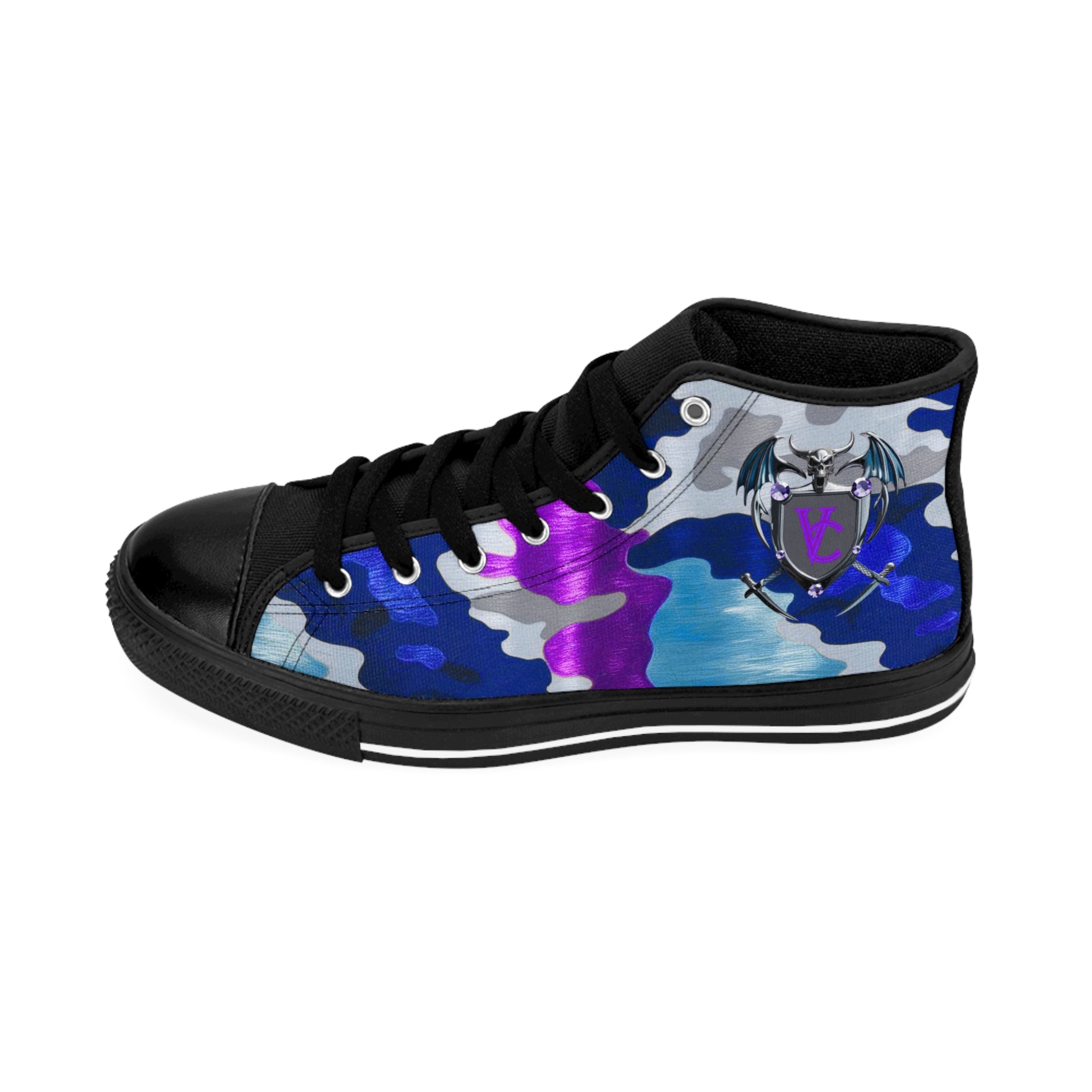 Women's Classic Sneakers - Colorful Camo High-Top Shoes with Unique Emblem