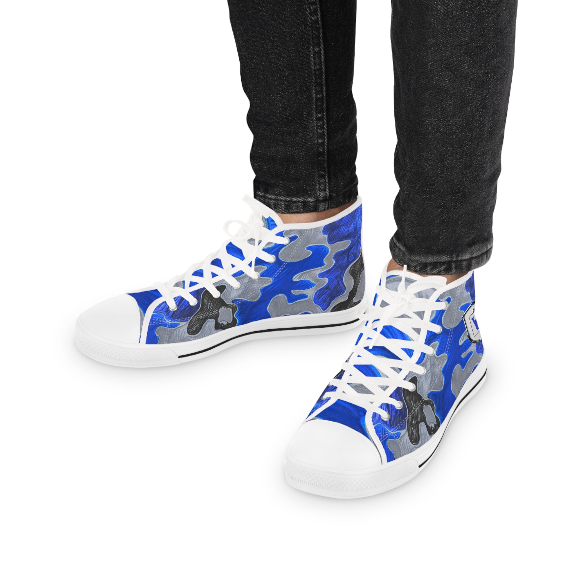 Men's High Top Sneakers - Bold Blue Camo Design for Stylish Comfort