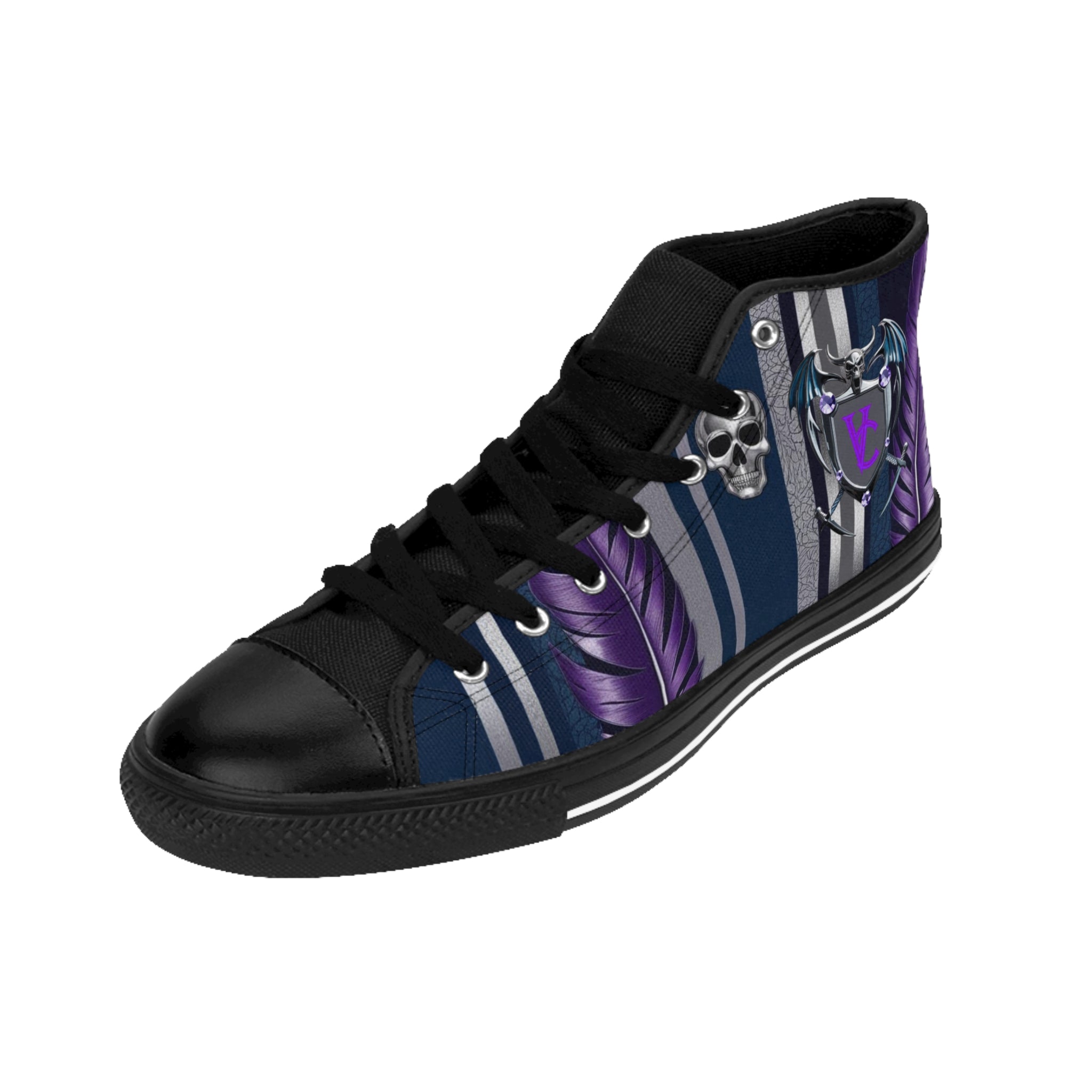 Men's Classic High-Top Sneakers with Skull and Feather Design