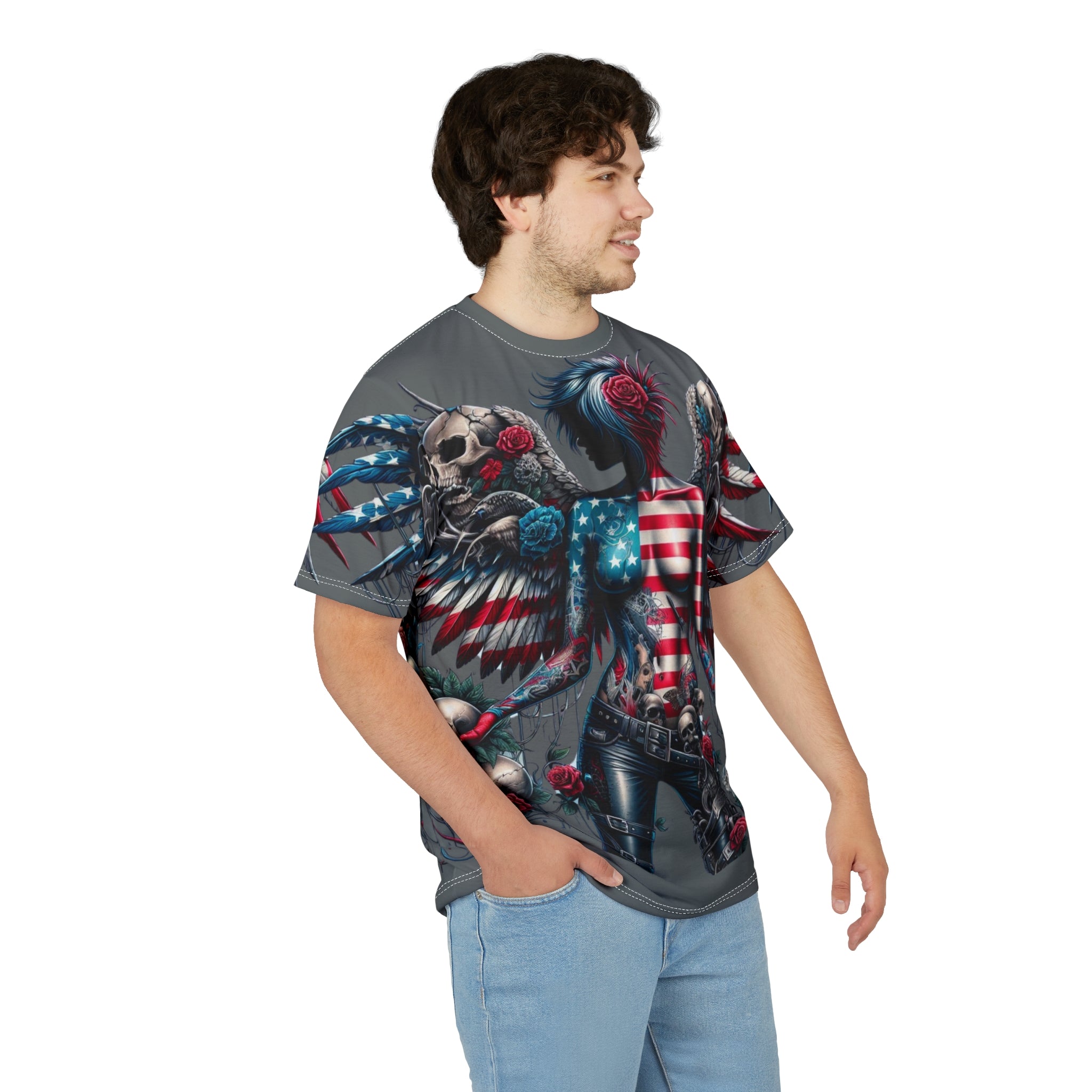 Rebel Wings Unisex Graphic Tee - Edgy Americana Design with Skull & Rose Motif