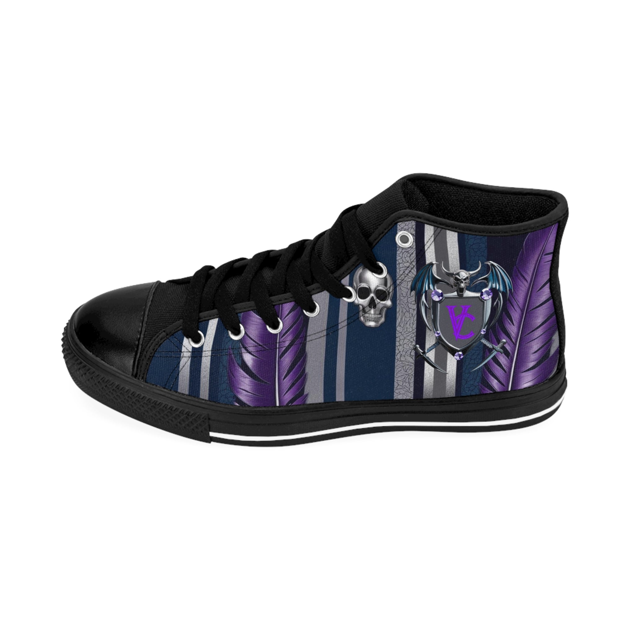Men's Classic High-Top Sneakers with Skull and Feather Design