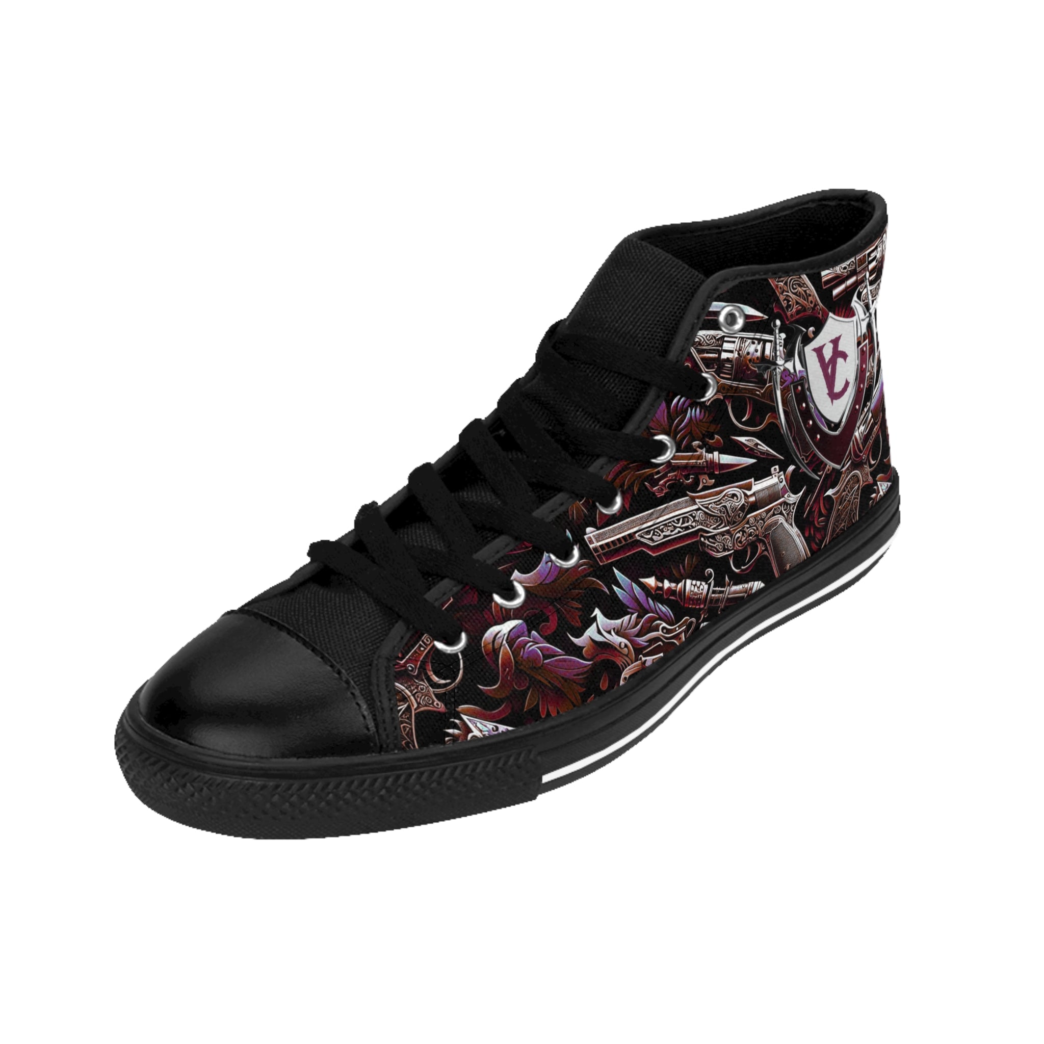 Men's Classic Sneakers - Edgy Urban Design with Guns and Shields | Stylish High-Top Footwear for Casual Wear