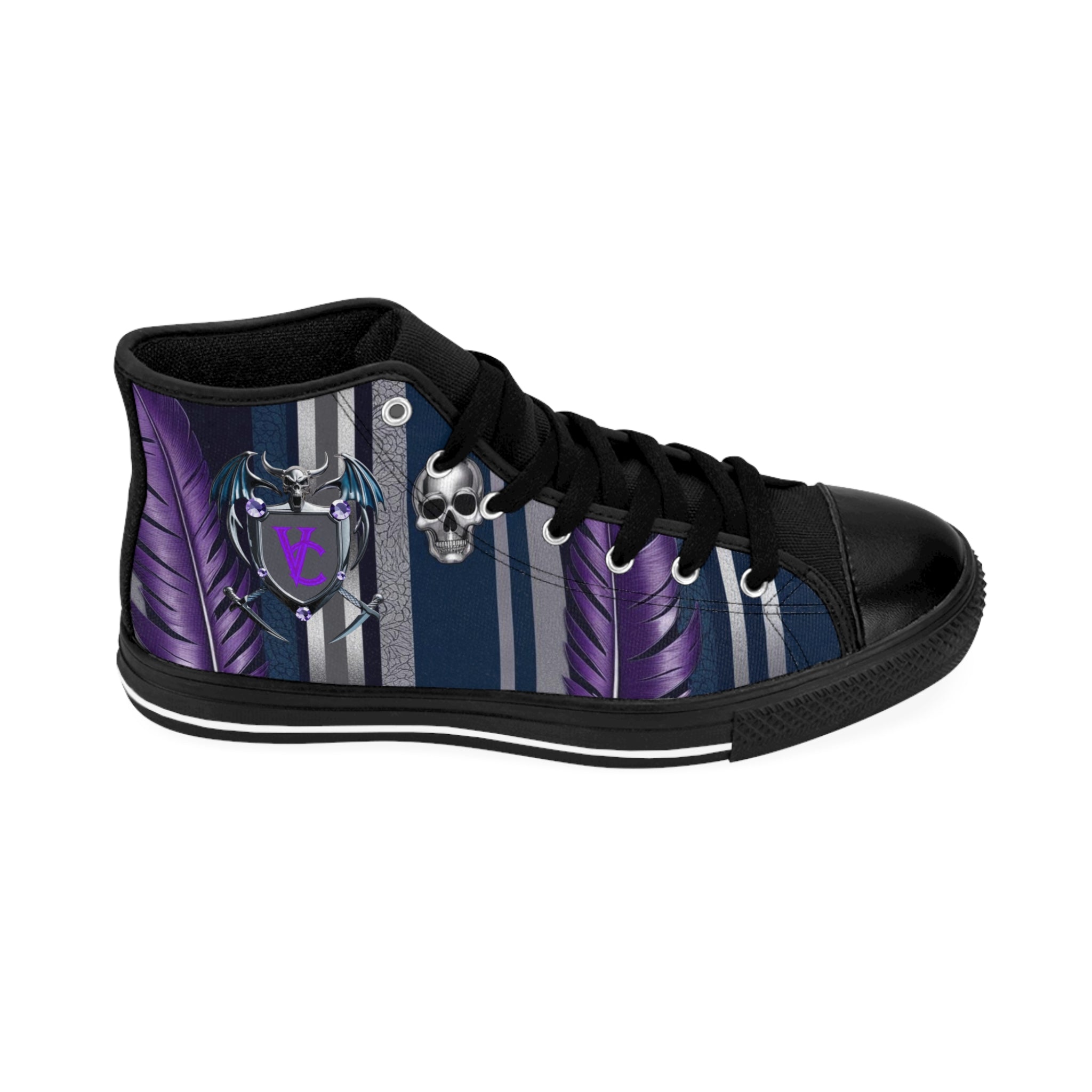 Men's Classic High-Top Sneakers with Skull and Feather Design