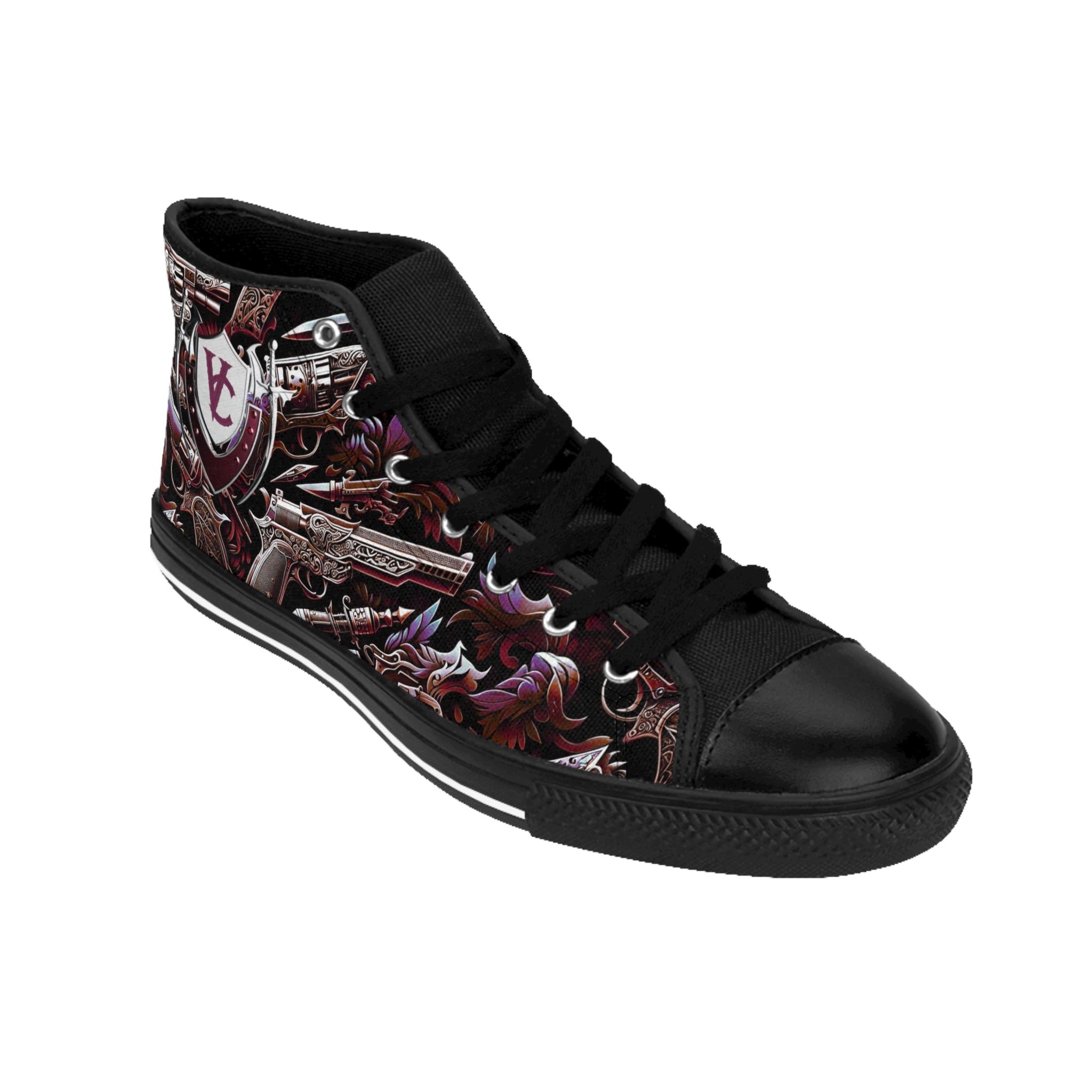 Men's Classic Sneakers - Edgy Urban Design with Guns and Shields | Stylish High-Top Footwear for Casual Wear