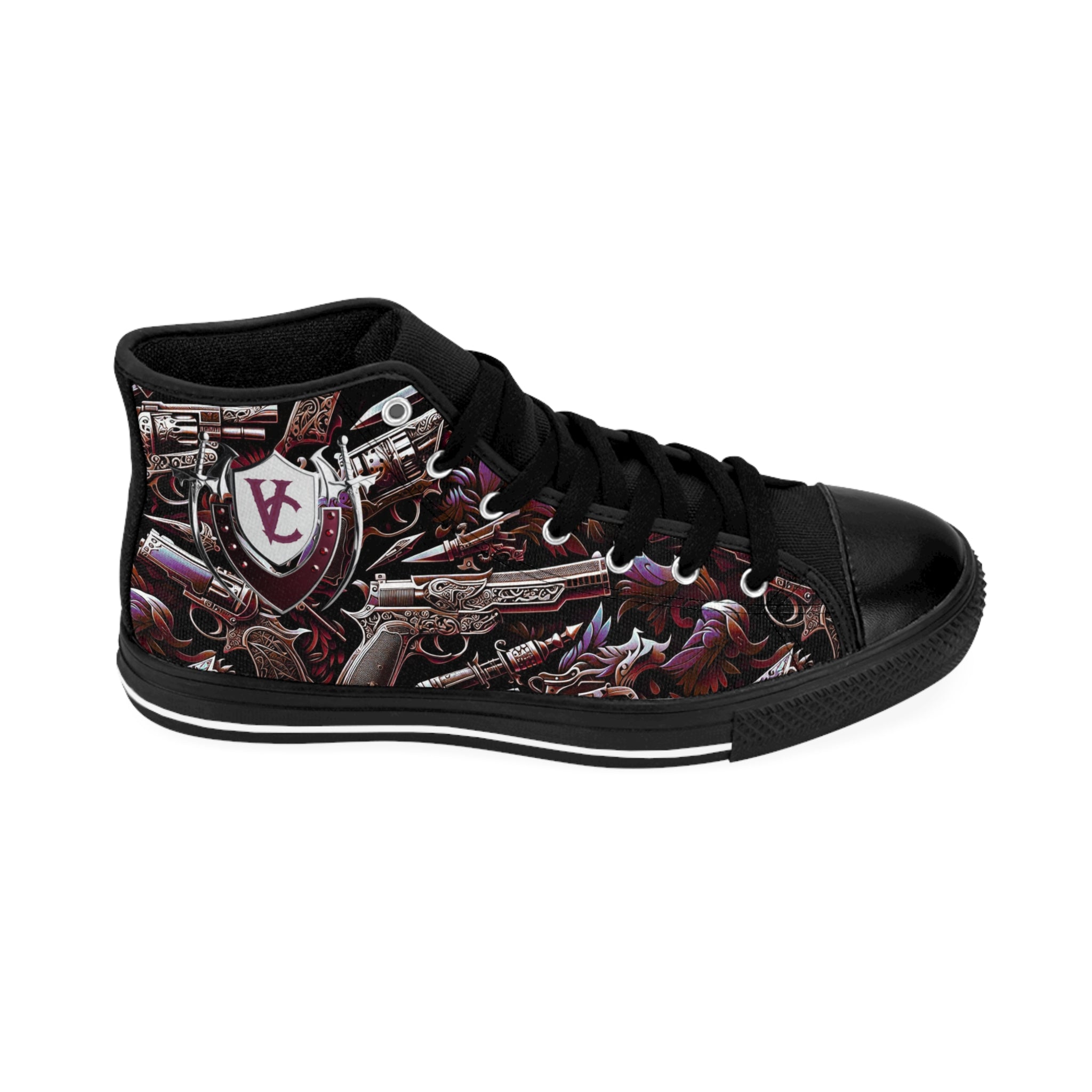 Men's Classic Sneakers - Edgy Urban Design with Guns and Shields | Stylish High-Top Footwear for Casual Wear