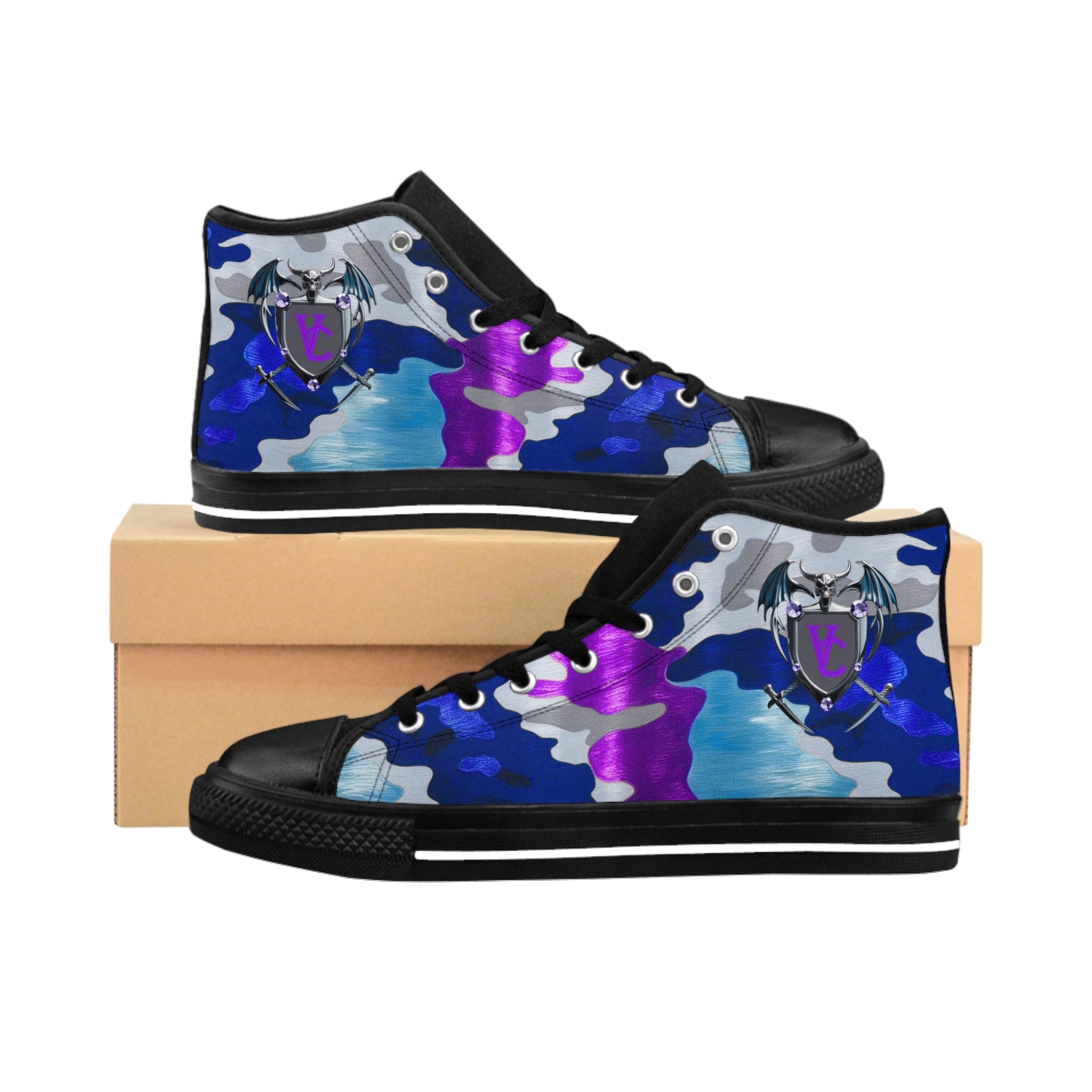 Women's Classic Sneakers - Colorful Camo High-Top Shoes with Unique Emblem