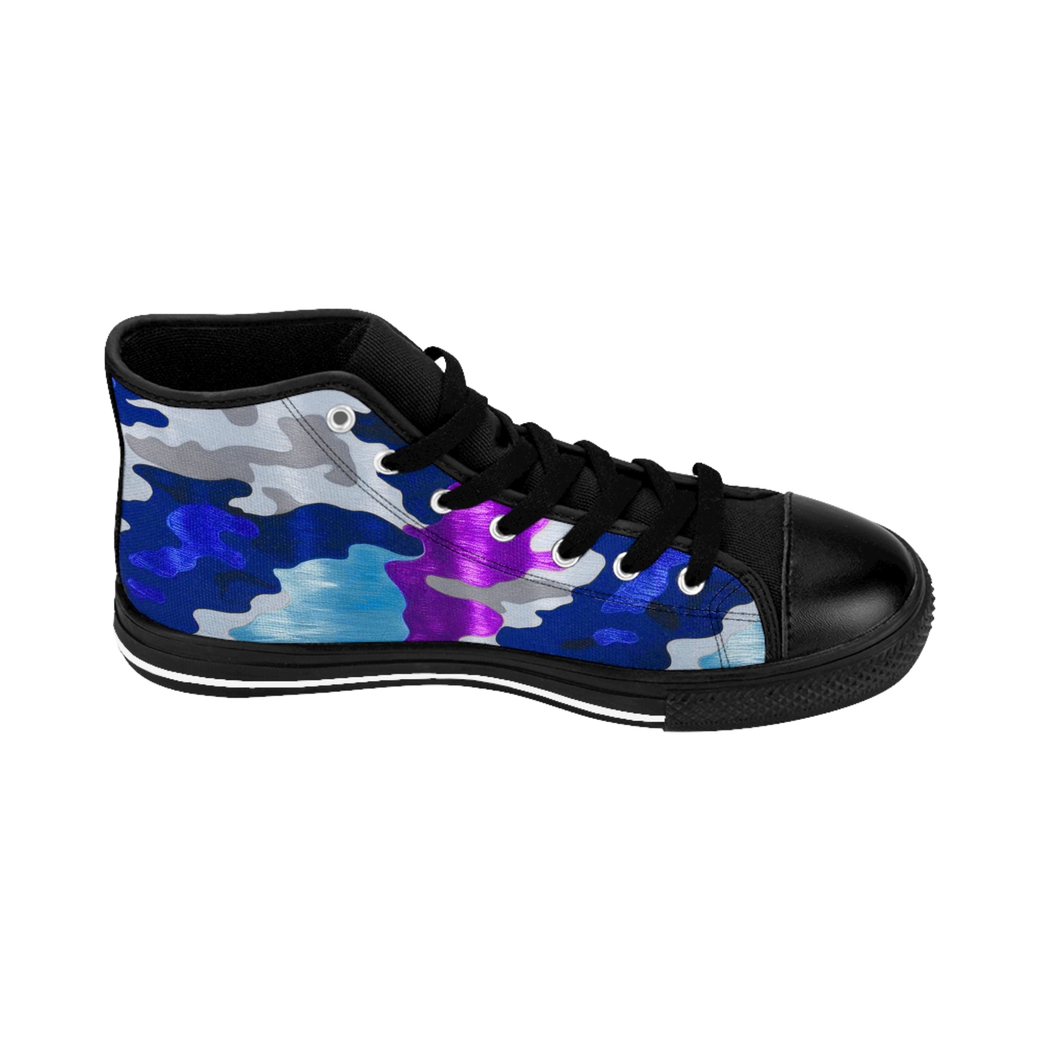 Women's Classic Sneakers - Colorful Camo High-Top Shoes with Unique Emblem