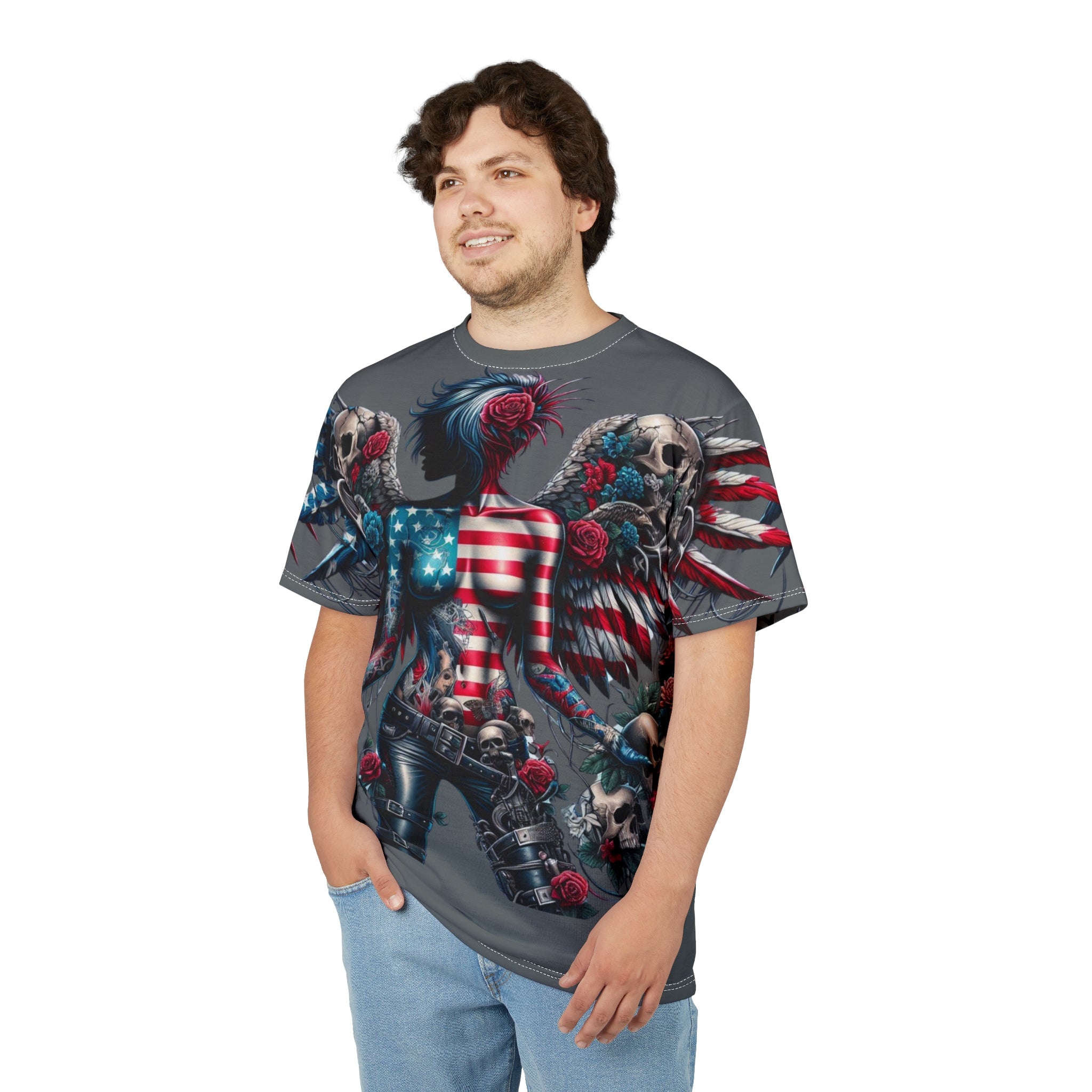 Rebel Wings Unisex Graphic Tee - Edgy Americana Design with Skull & Rose Motif