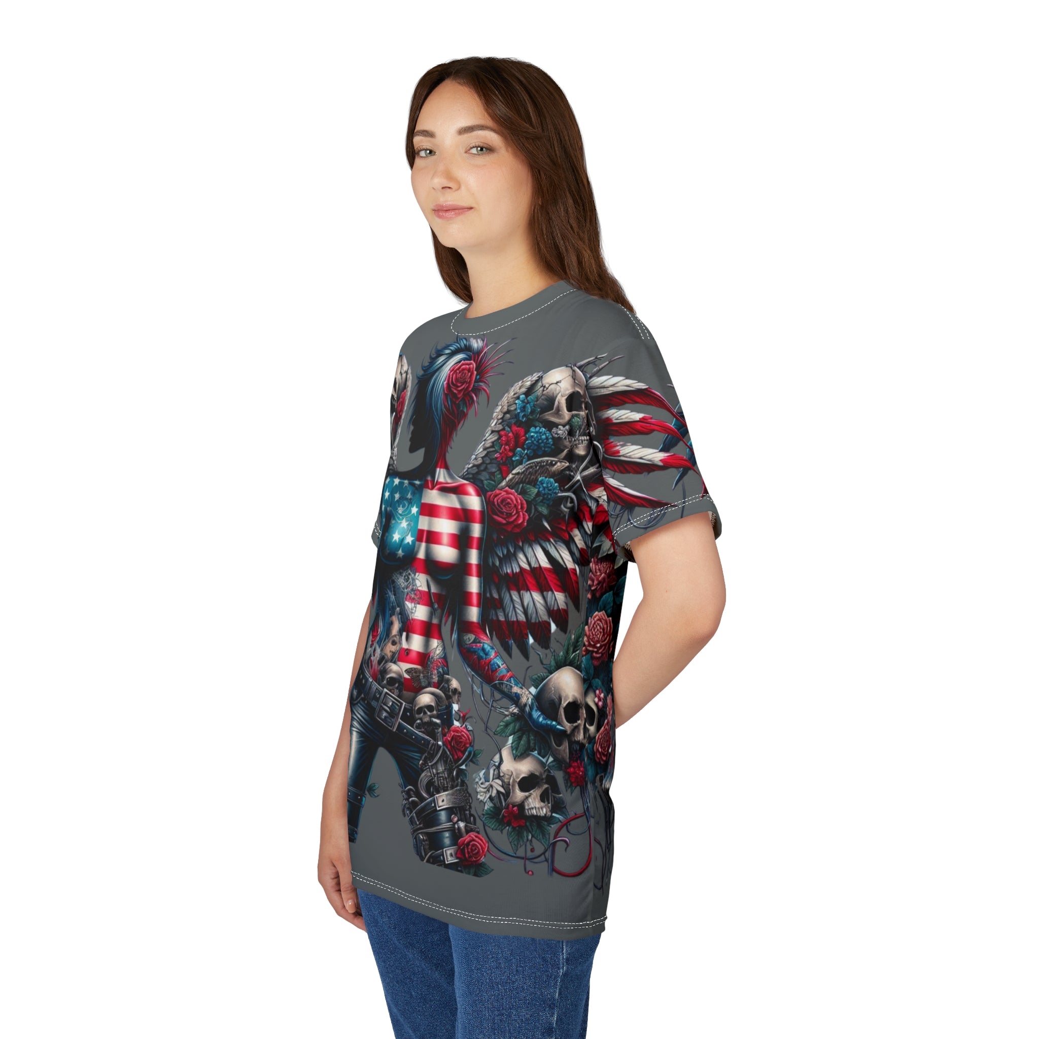 Rebel Wings Unisex Graphic Tee - Edgy Americana Design with Skull & Rose Motif