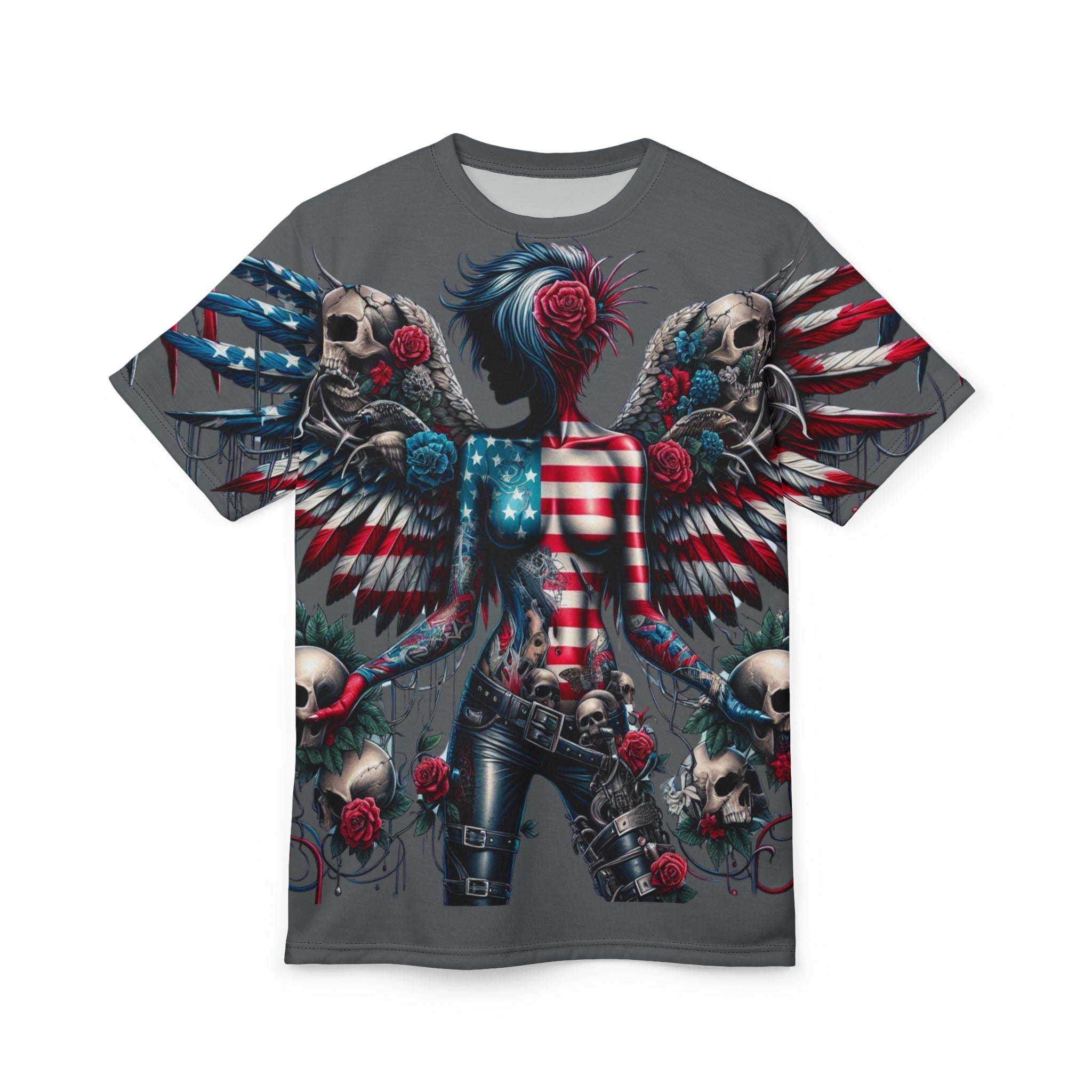 Rebel Wings Unisex Graphic Tee - Edgy Americana Design with Skull & Rose Motif