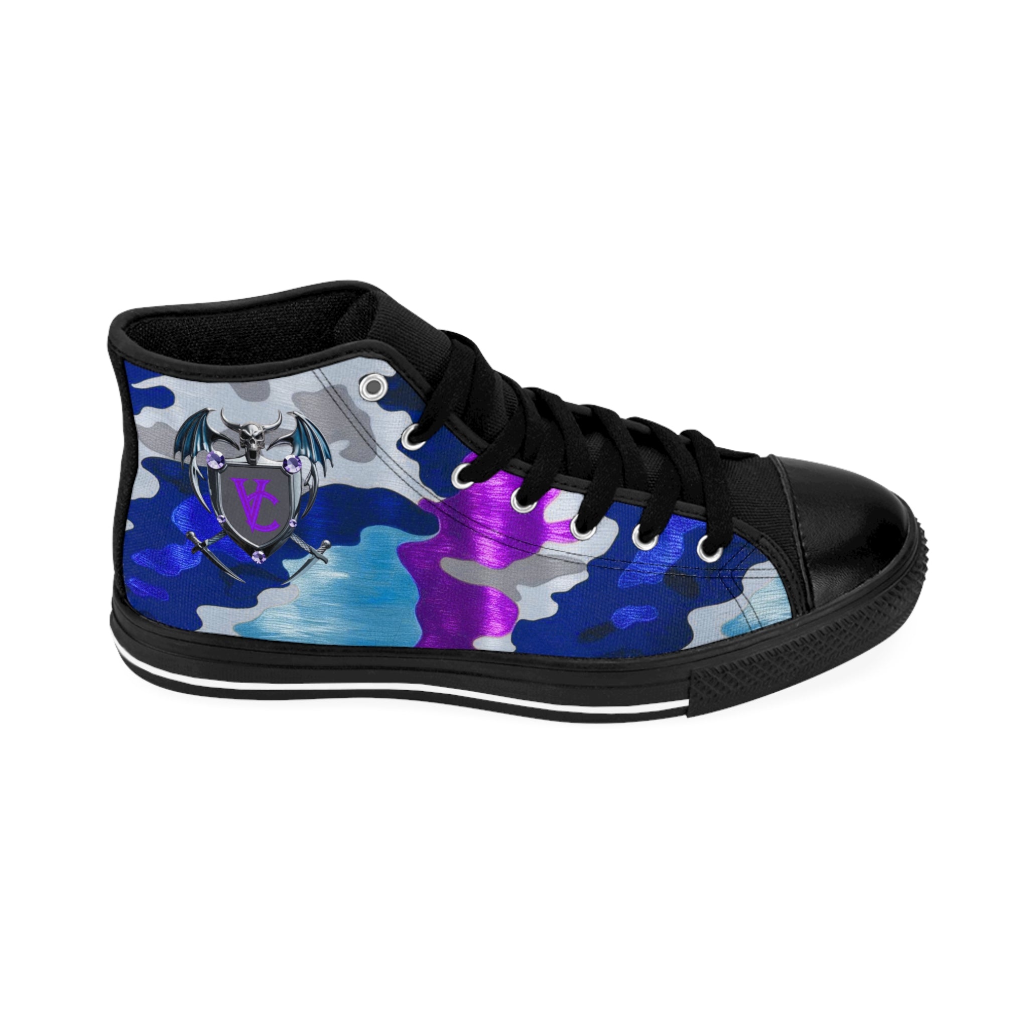 Women's Classic Sneakers - Colorful Camo High-Top Shoes with Unique Emblem
