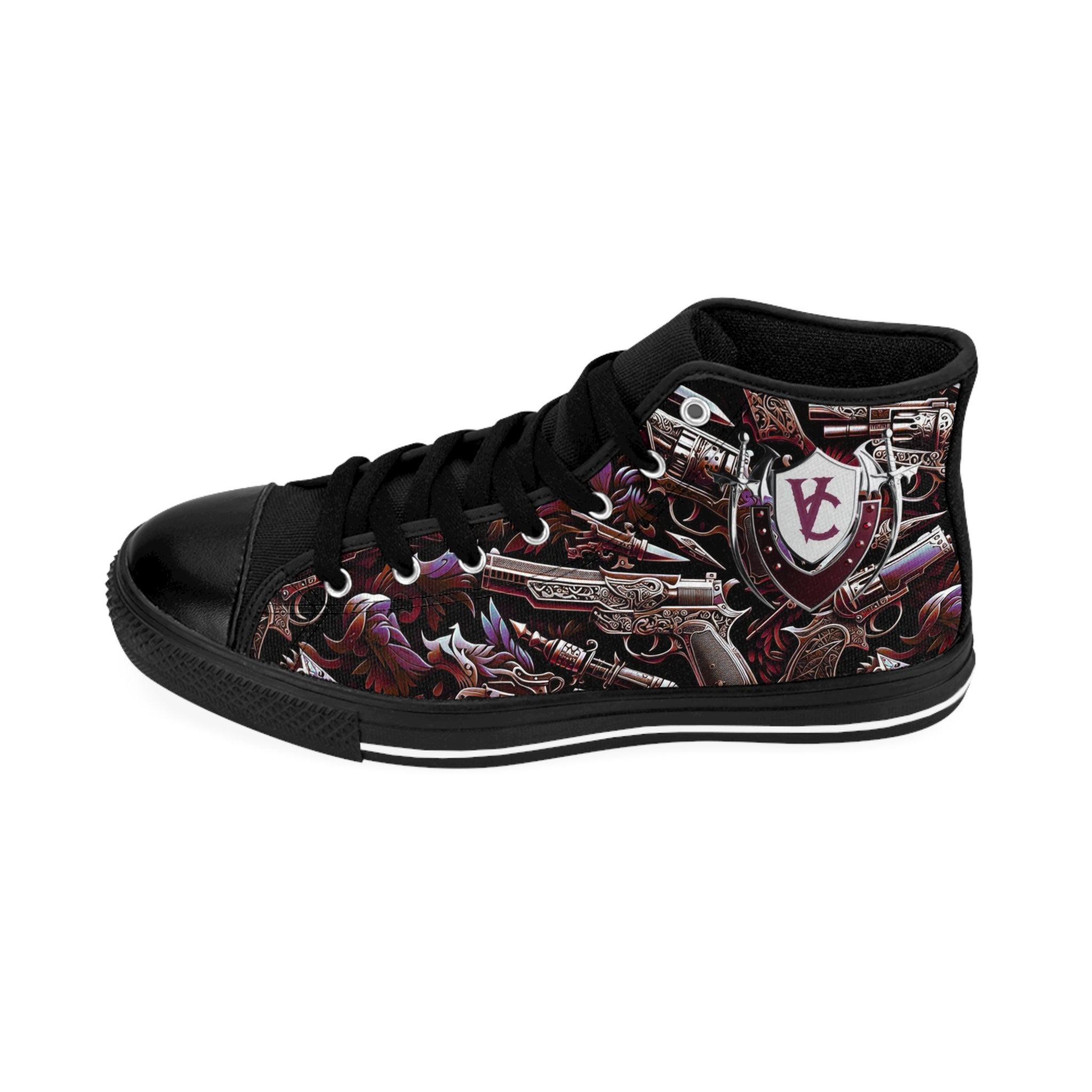 Men's Classic Sneakers - Edgy Urban Design with Guns and Shields | Stylish High-Top Footwear for Casual Wear