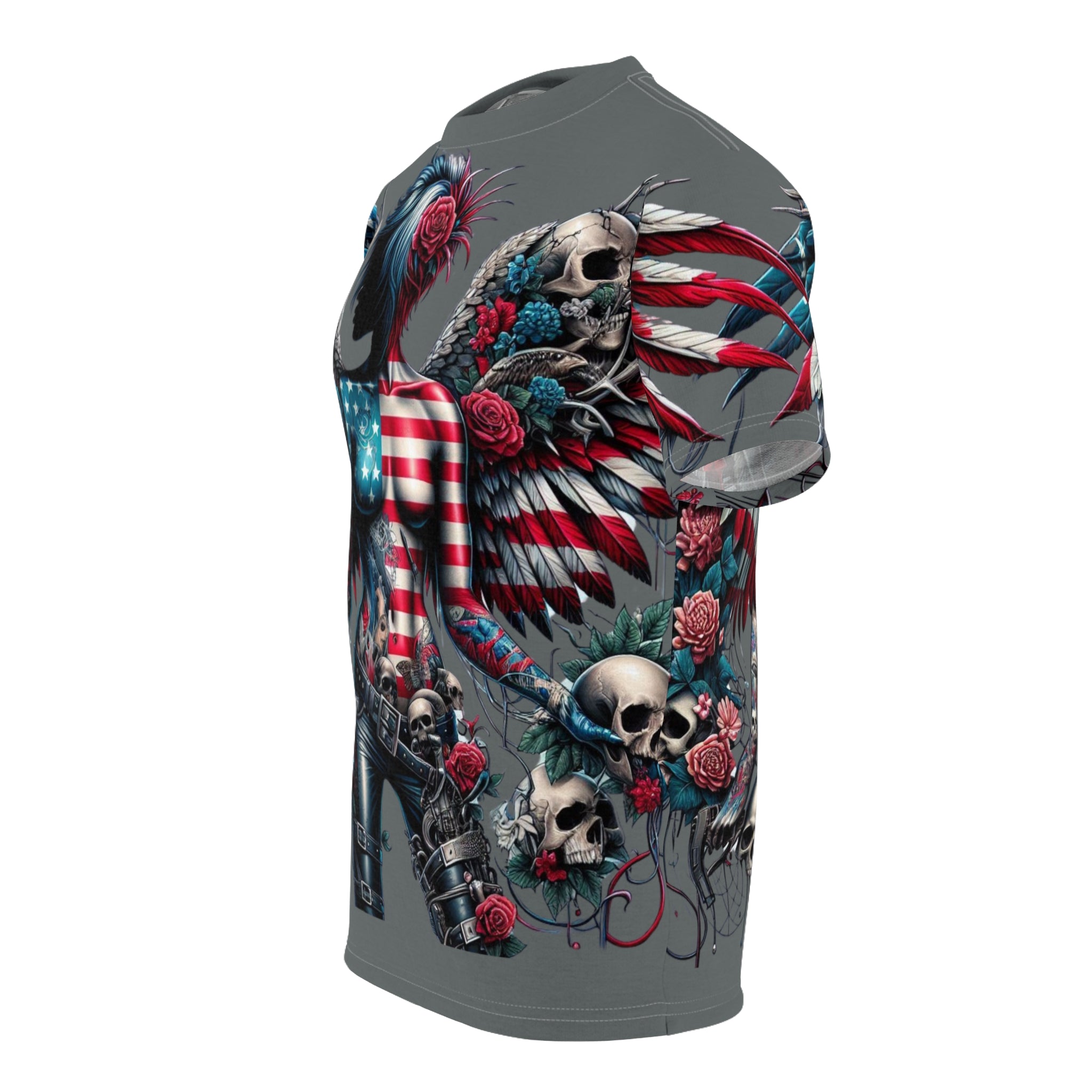 Rebel Wings Unisex Graphic Tee - Edgy Americana Design with Skull & Rose Motif