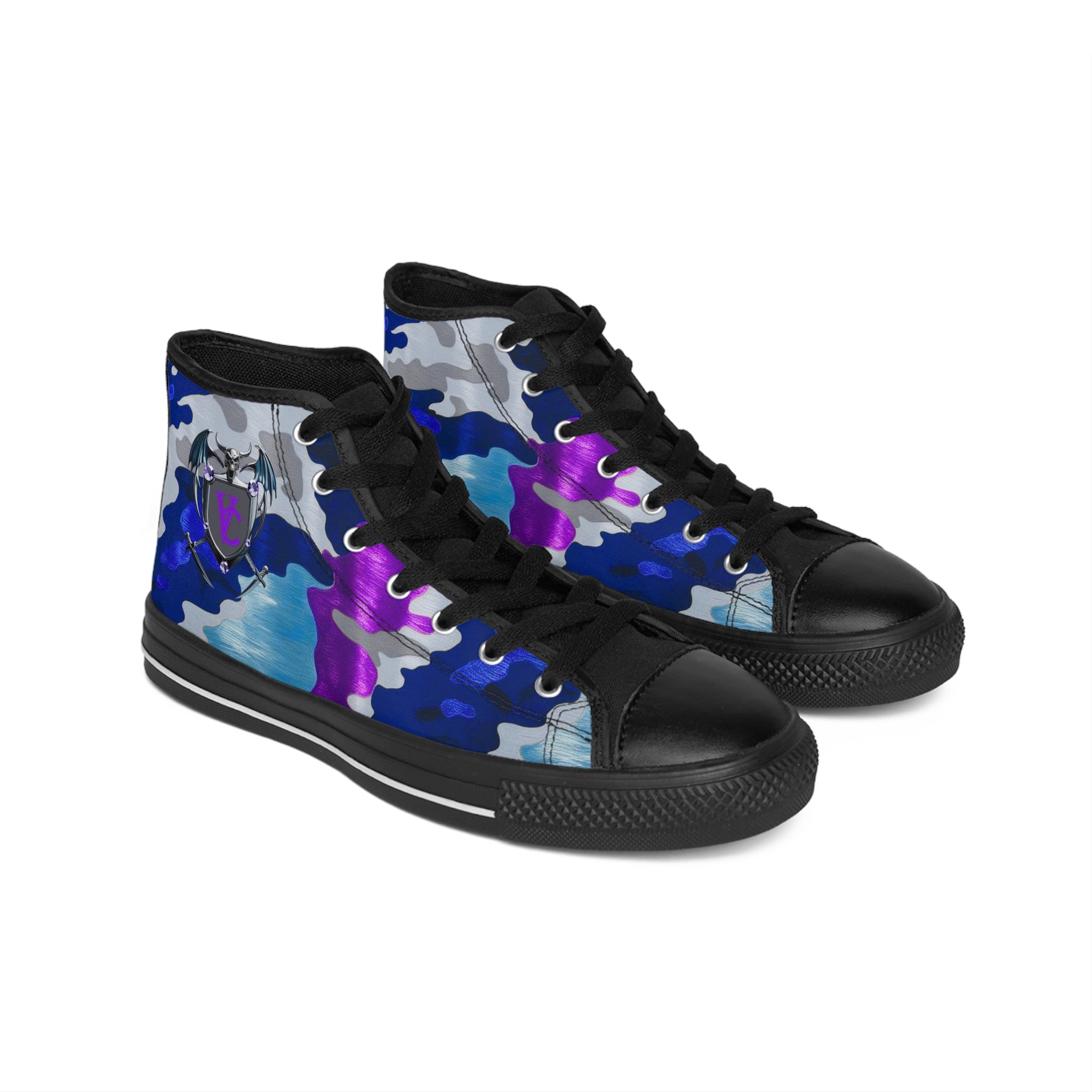 Women's Classic Sneakers - Colorful Camo High-Top Shoes with Unique Emblem