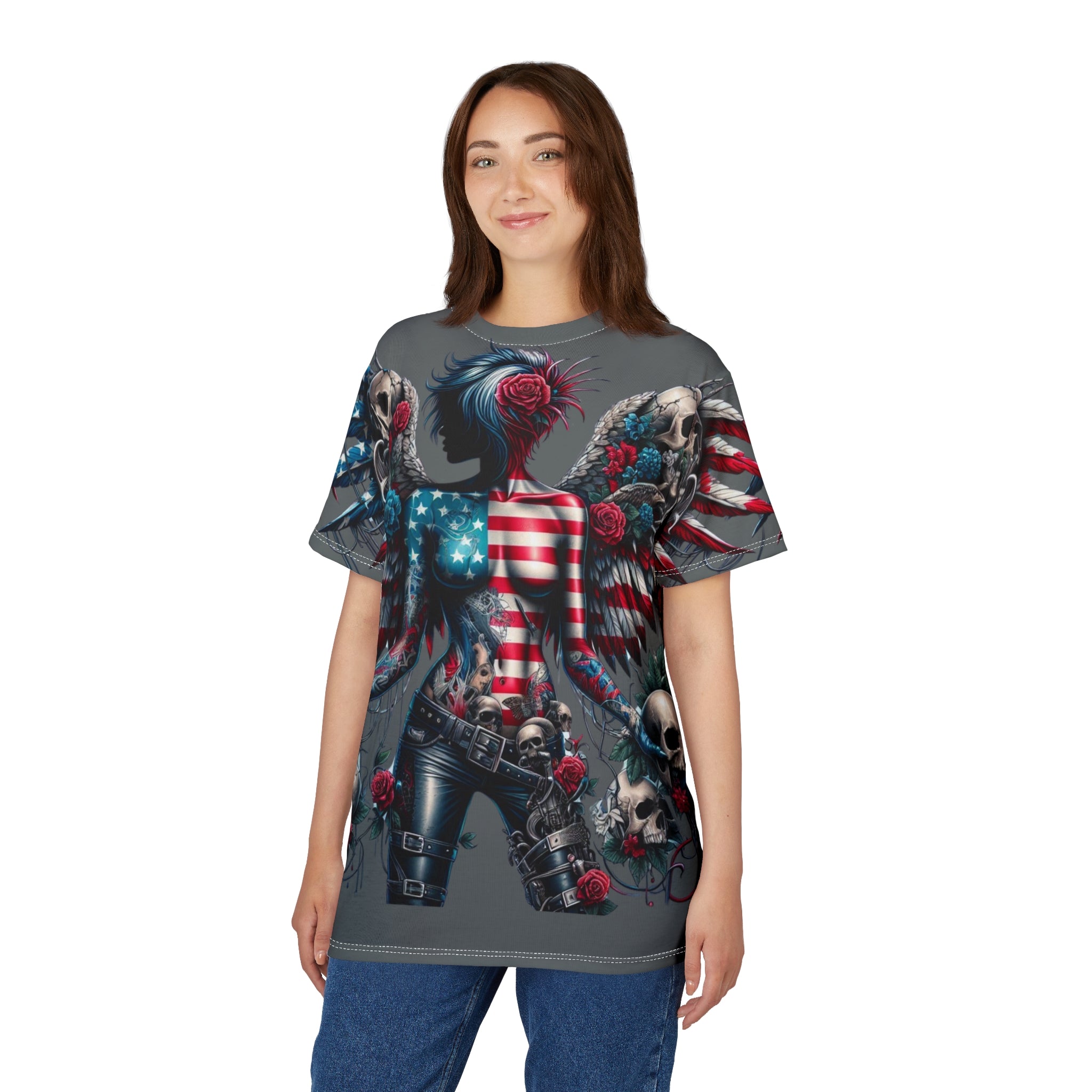 Rebel Wings Unisex Graphic Tee - Edgy Americana Design with Skull & Rose Motif