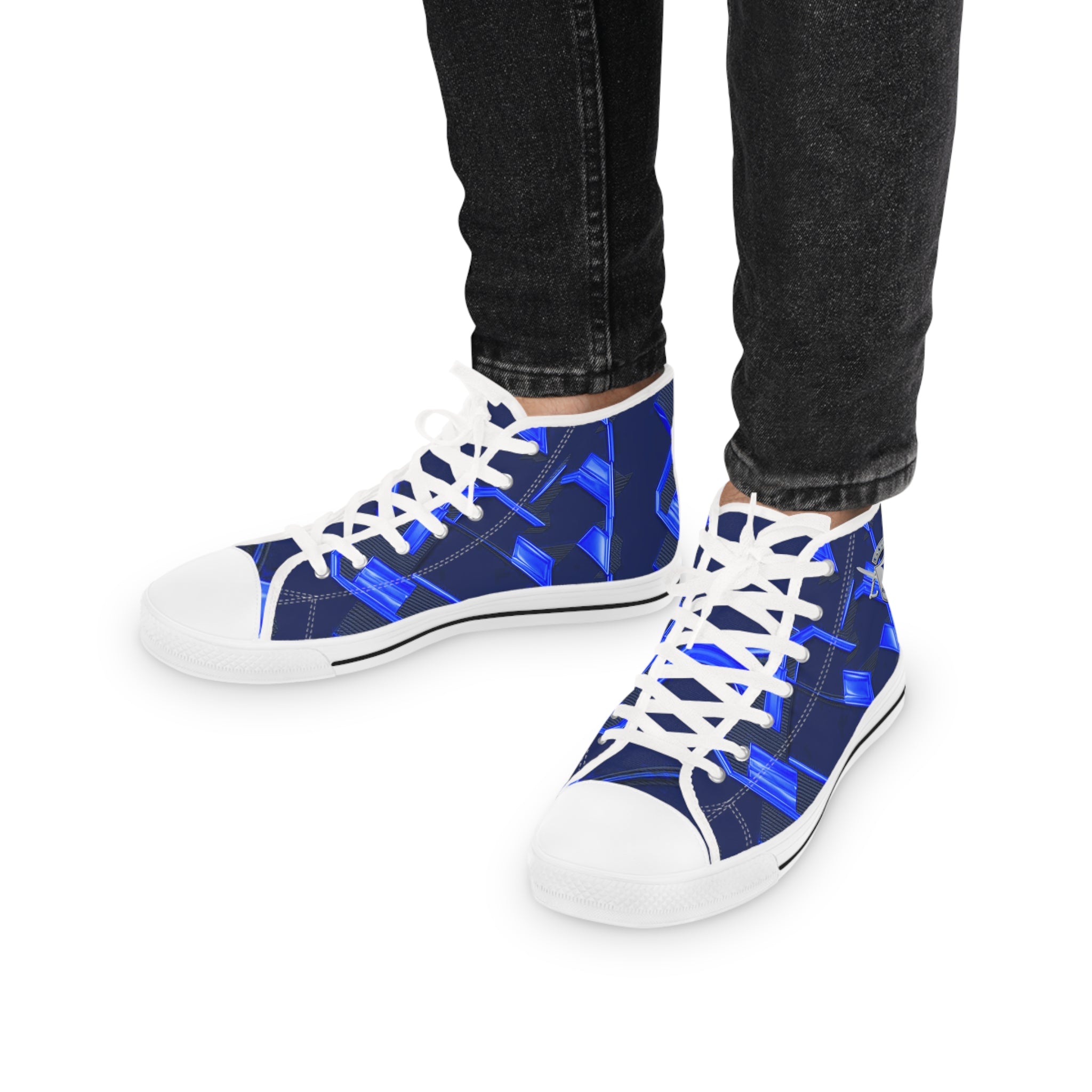 Stylish Men's High Top Sneakers with Blue Geometric Design