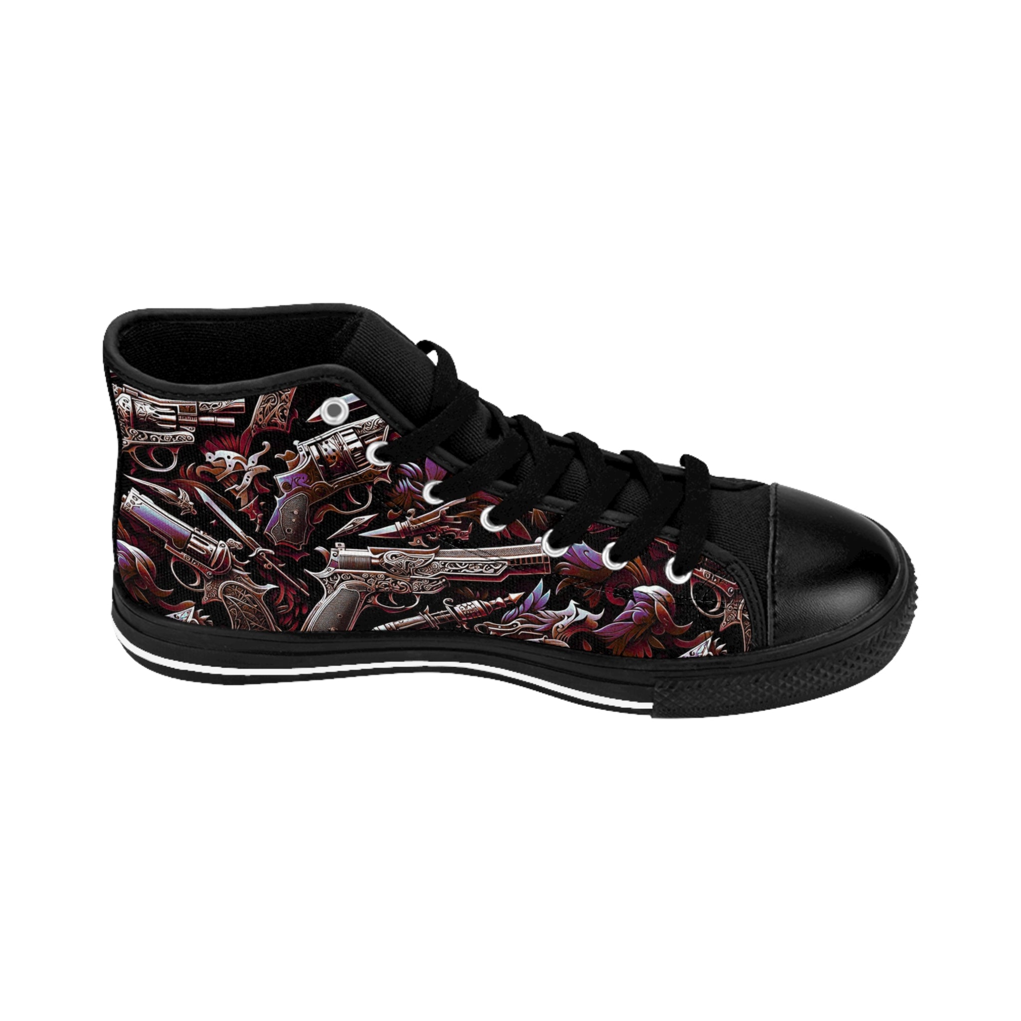 Men's Classic Sneakers - Edgy Urban Design with Guns and Shields | Stylish High-Top Footwear for Casual Wear