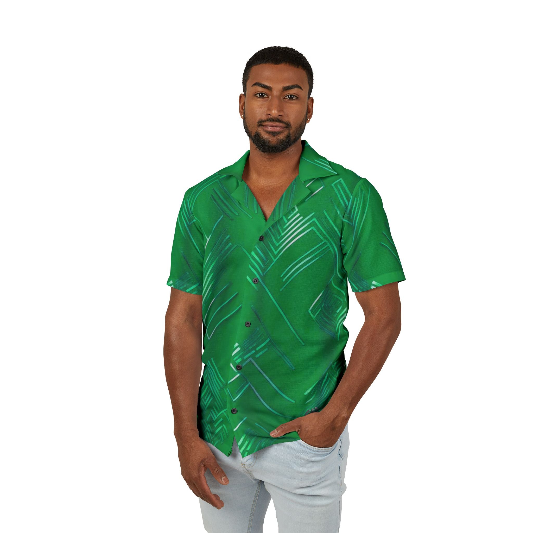 Men's Hawaiian Camp Shirt - Tropical Green Pattern for Summer Vibes