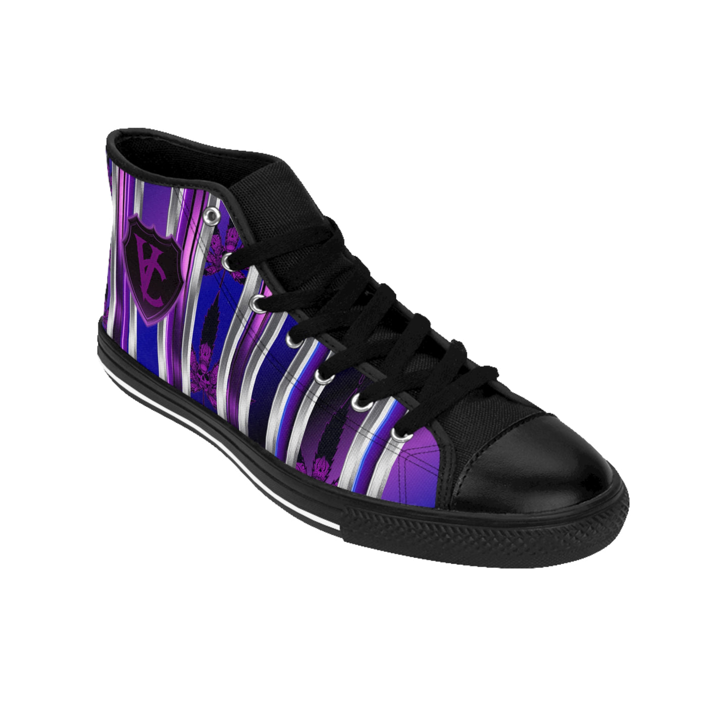 Stylish Women's Classic Sneakers with Purple Stripes & Shield Design