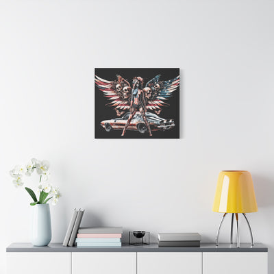 Matte Canvas, American Flag W/Winged Female Silhouette & Camaro