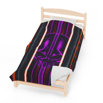 15, Velveteen Purple Skull Blanket W/Red Gray & Black Stripped Pattern