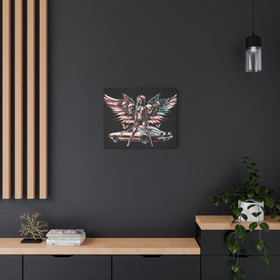 Matte Canvas, American Flag W/Winged Female Silhouette & Camaro