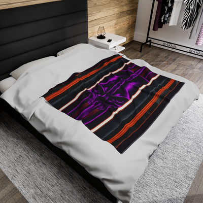 15, Velveteen Purple Skull Blanket W/Red Gray & Black Stripped Pattern