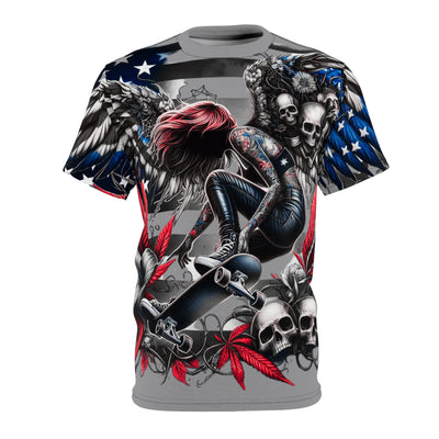 American Flag W/ Winged Female Skateboarding Silhouette T-shirt