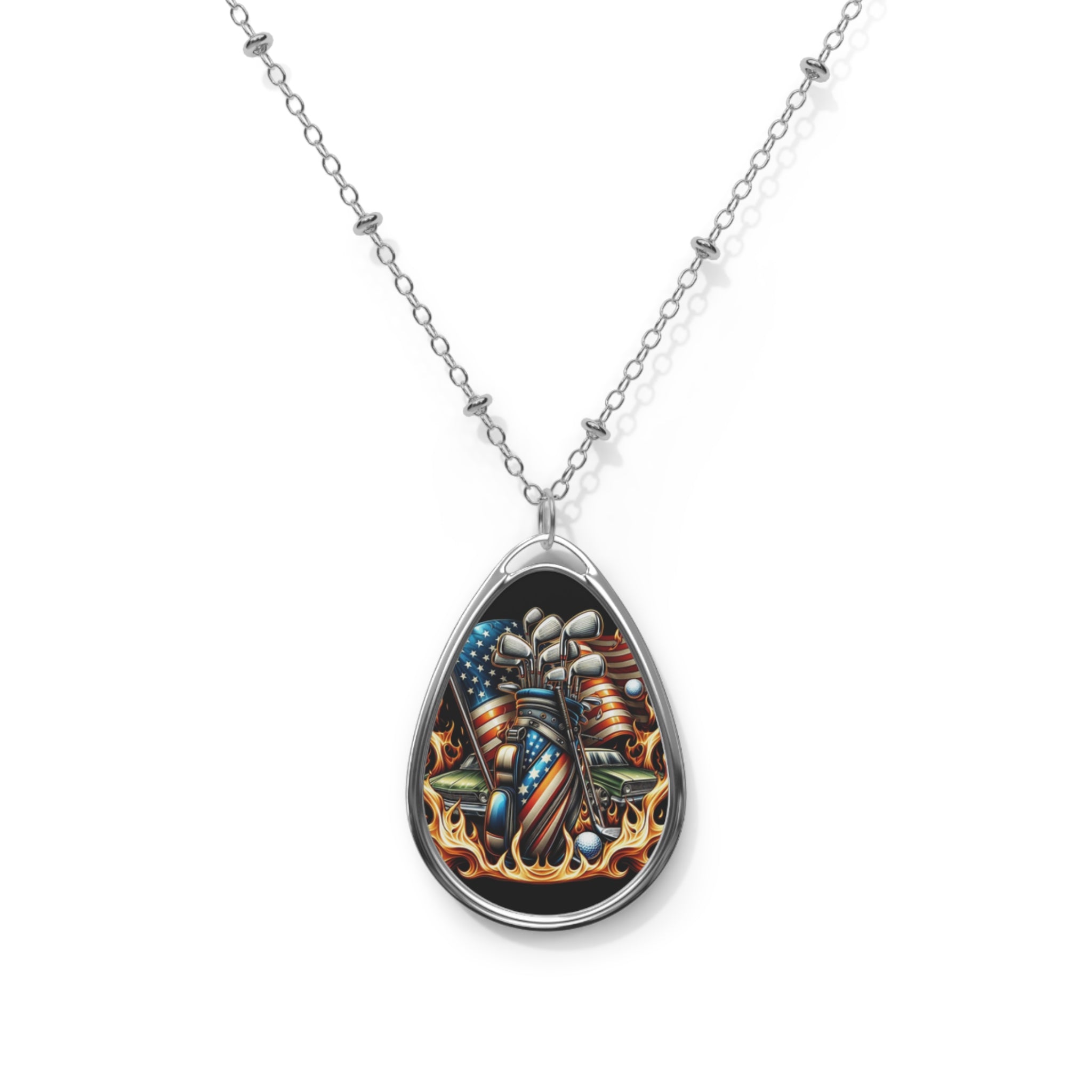 Patriotic Oval Necklace with Firefighter Design - Symbol of Bravery and Honor