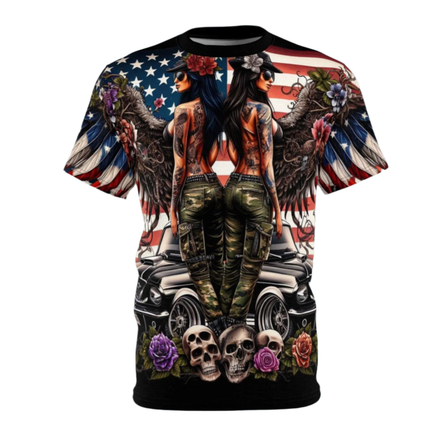 American Flag W/ Winged Female Silhouette & Hot Rod T-shirt