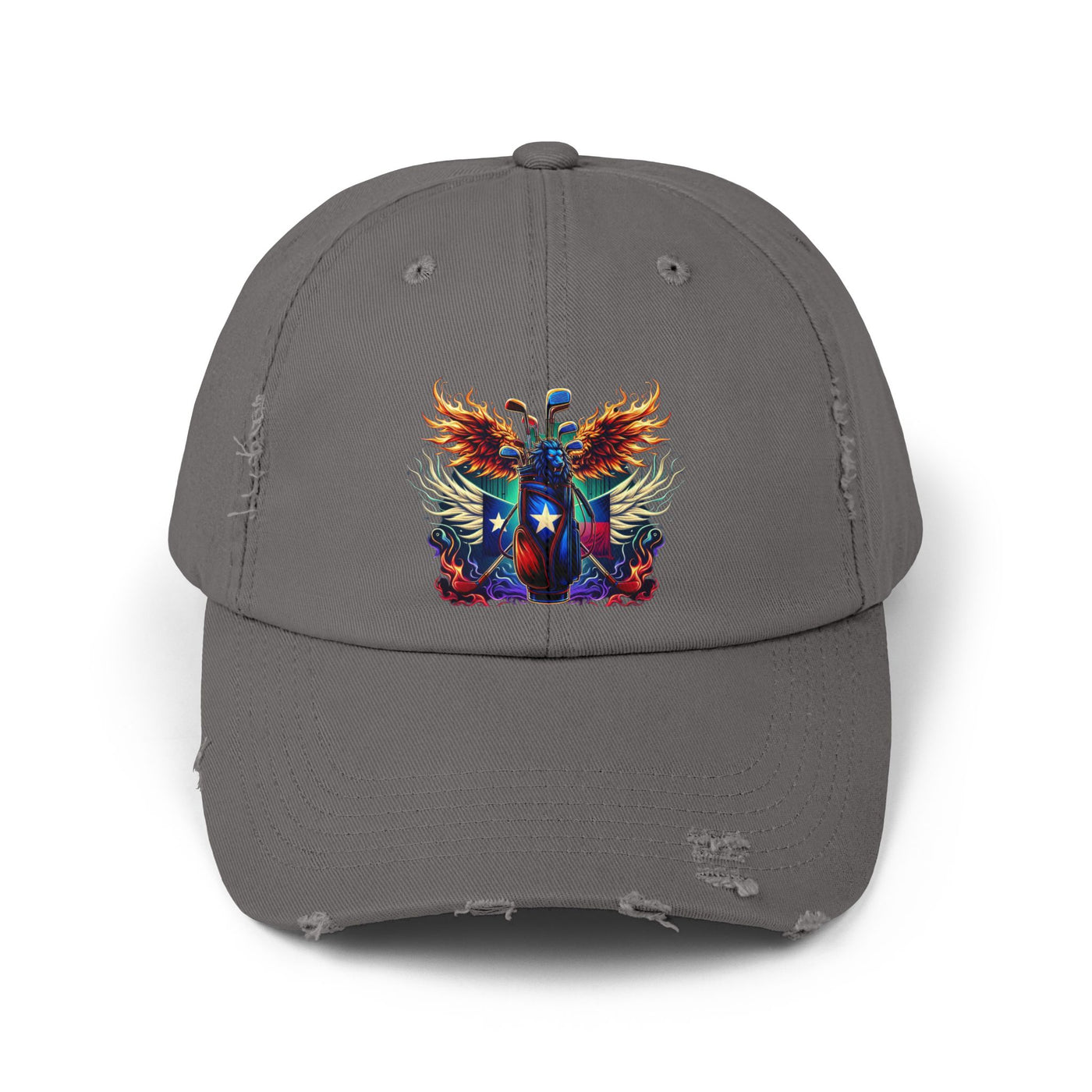 Distressed Golf Cap, Texas Flag Winged Lion Head Golf Bag Design Hat