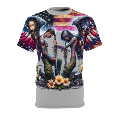 American Flag T-shirt, American Flag Winged Male & Female Silhouette T-shirt