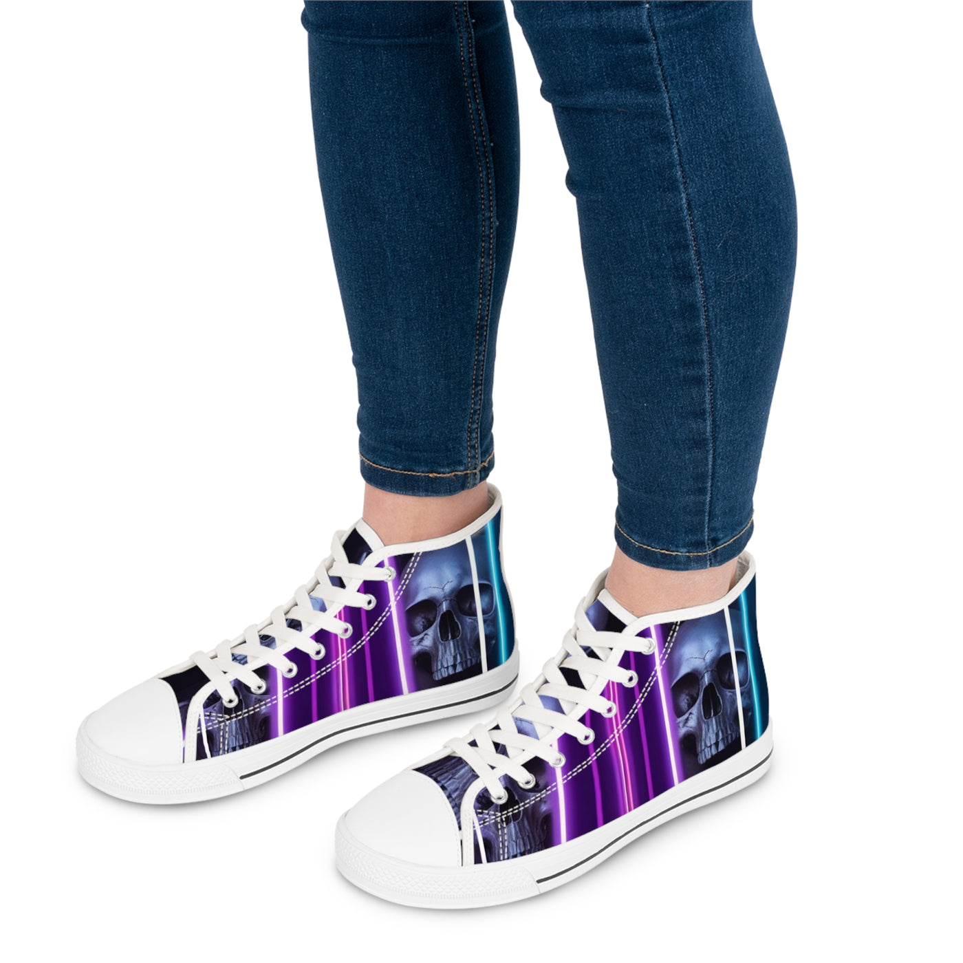 Women's High-Top Sneakers, Silver Skull W/Purple & Light Purple Pattern