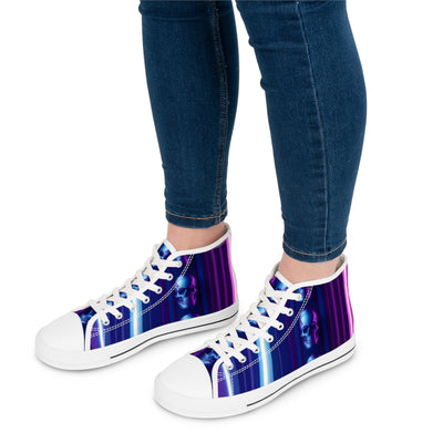 Women's High-Top Sneakers, Purple Skull W/Purple & Aqua Blue Pattern