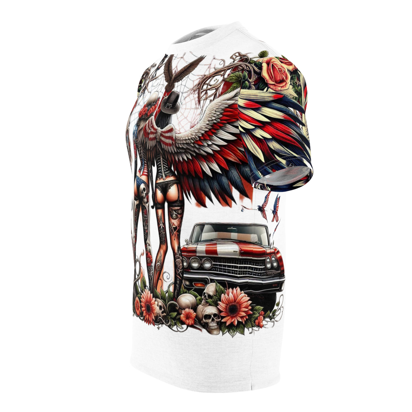 American Flag W/ 3 Winged Female Silhouette & Old Car T-shirt