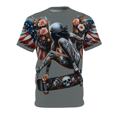 American Flag W/ Winged Female Skateboarding Silhouette T-shirt