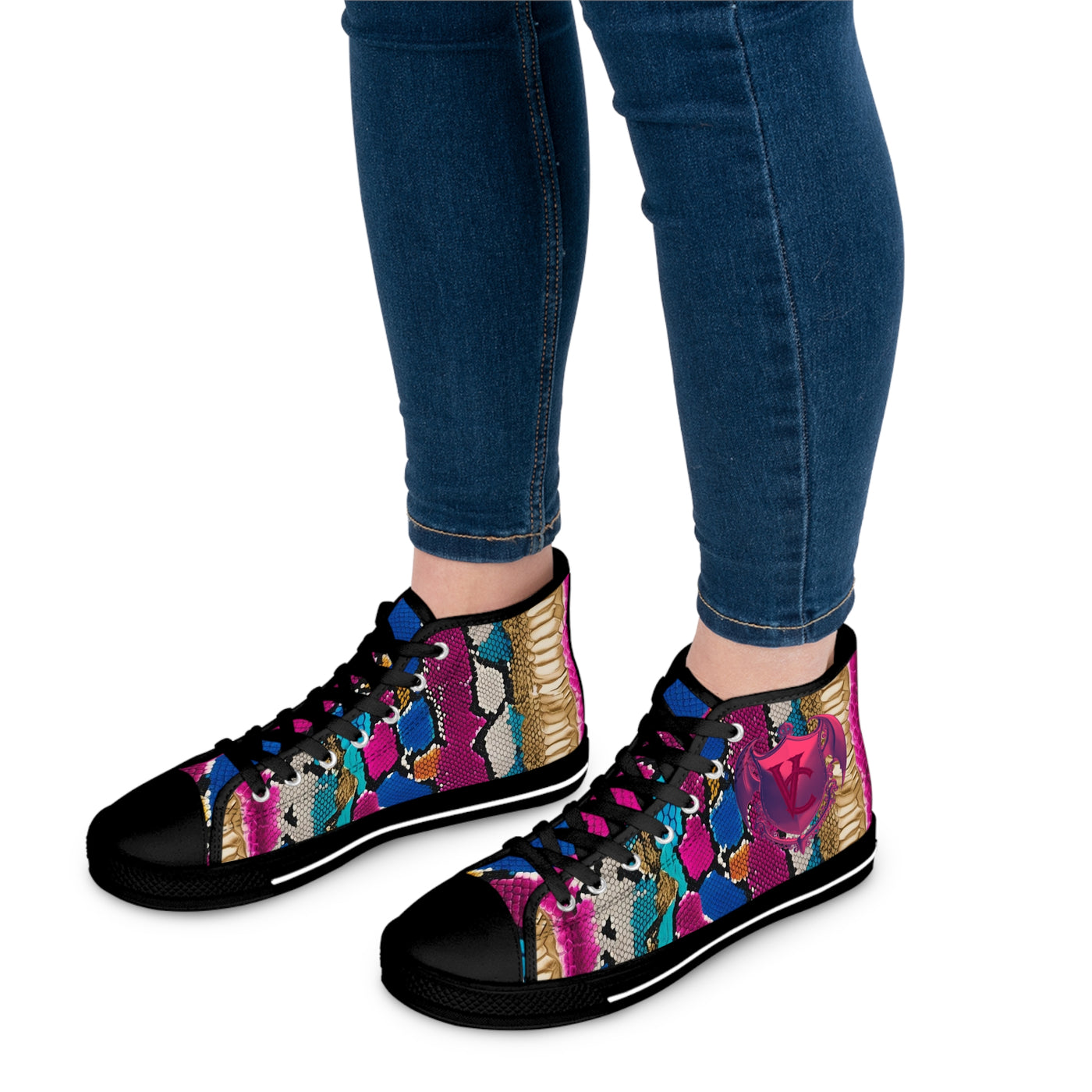 Colorful Woman's High-Top Sneakers - Trendy Snakeskin Patterned Fashion Shoes