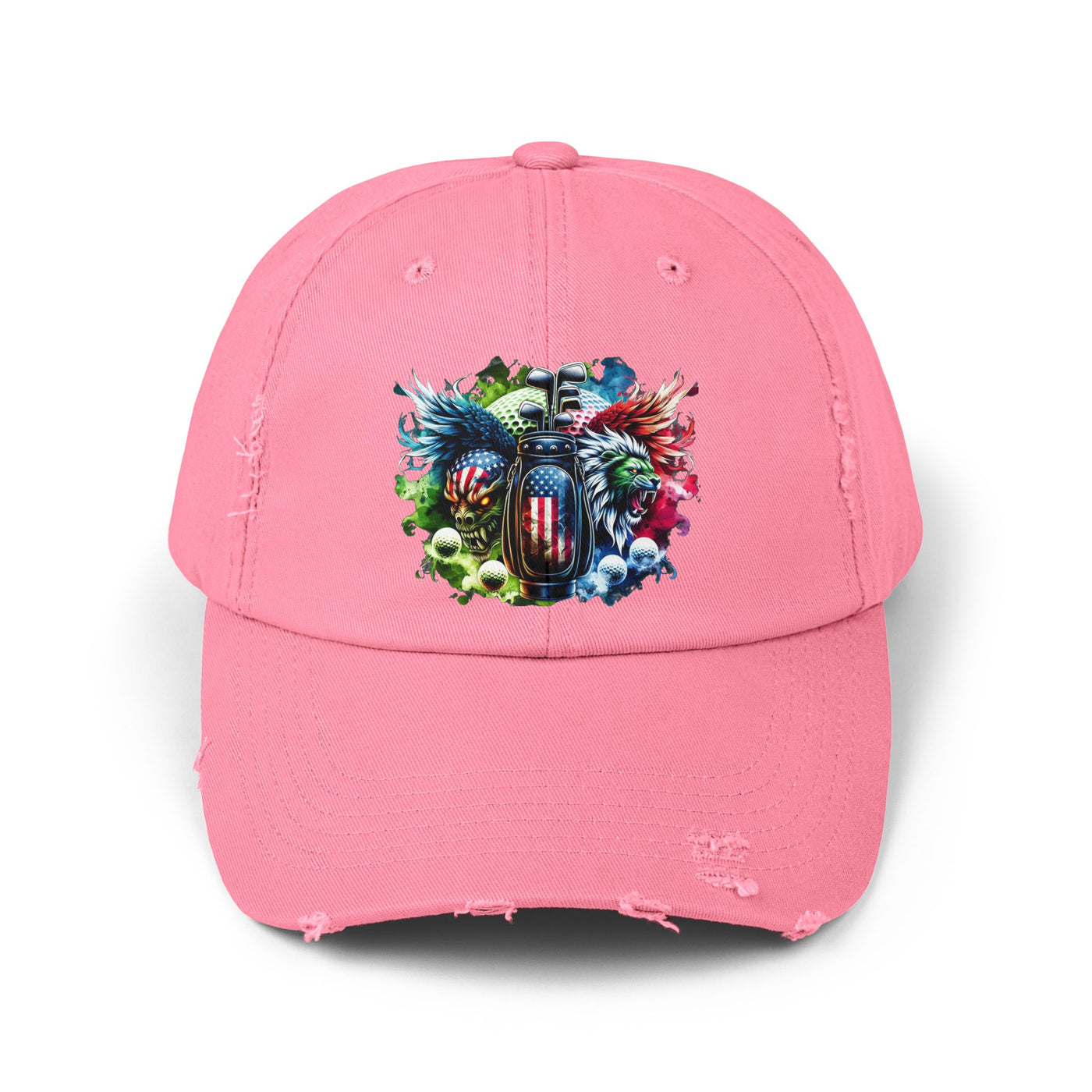 Distressed Golf Cap, American Flag Lion Head Golf Bag Design Hat