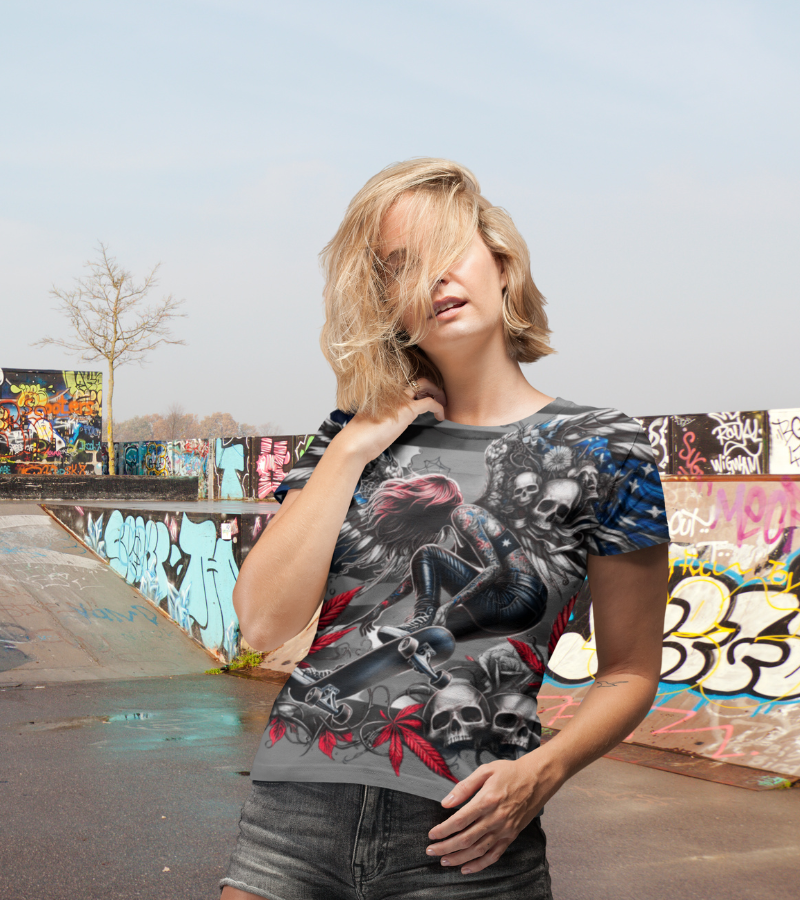 American Flag W/ Winged Female Skateboarding Silhouette T-shirt