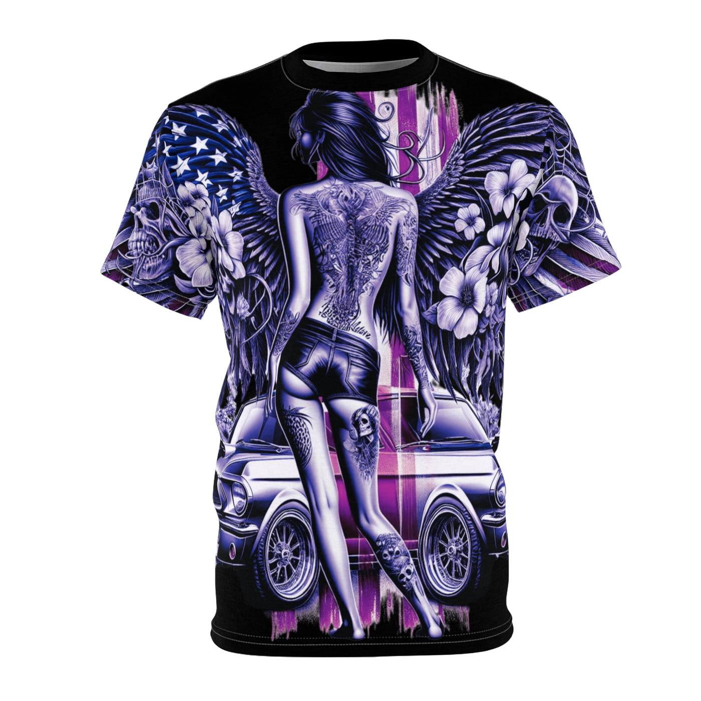 American Flag T-shirt, W/ Winged Female Silhouette & Mustang