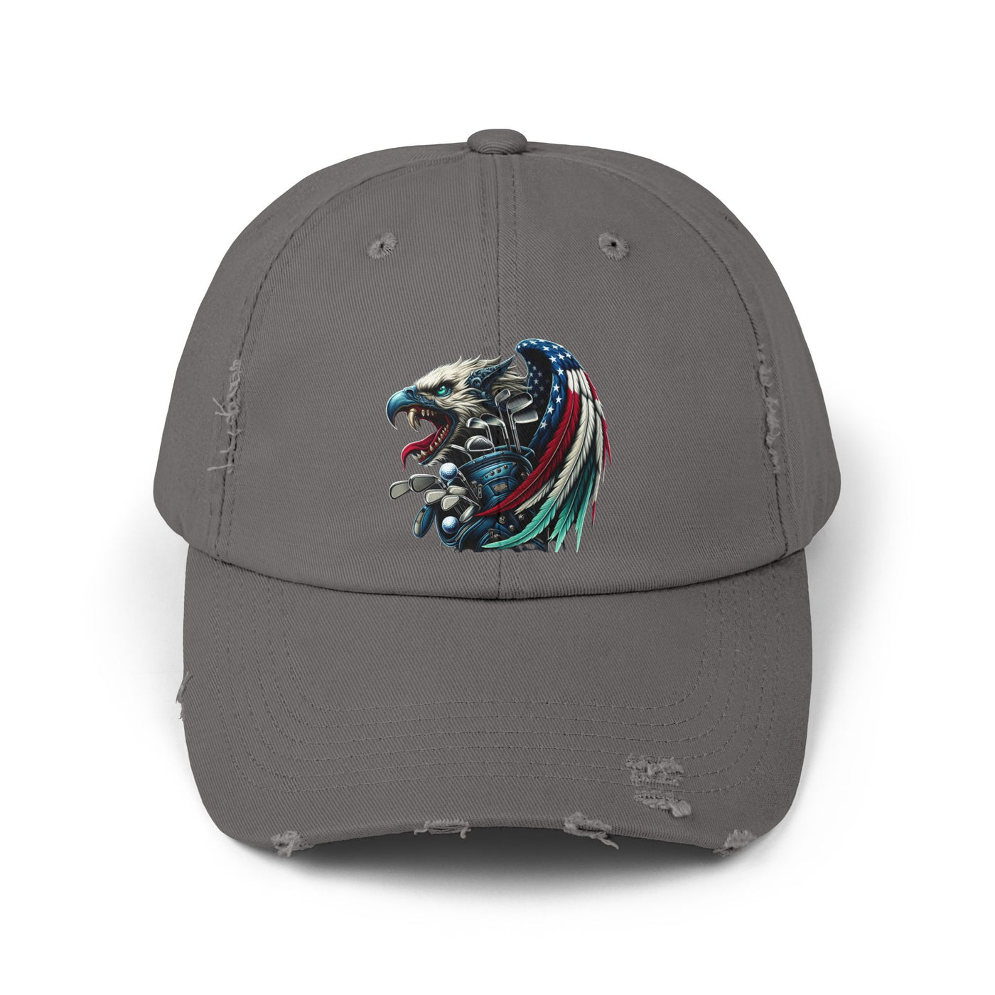 Distressed Golf Cap, American Flag Winged Eagle Head Golf Bag Design Hat