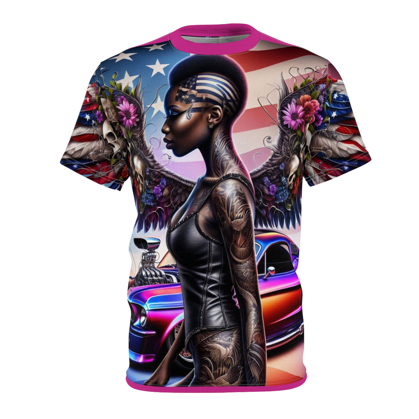 American Flag T-shirt, W/ Winged Female Silhouette & Mustang T-shirt