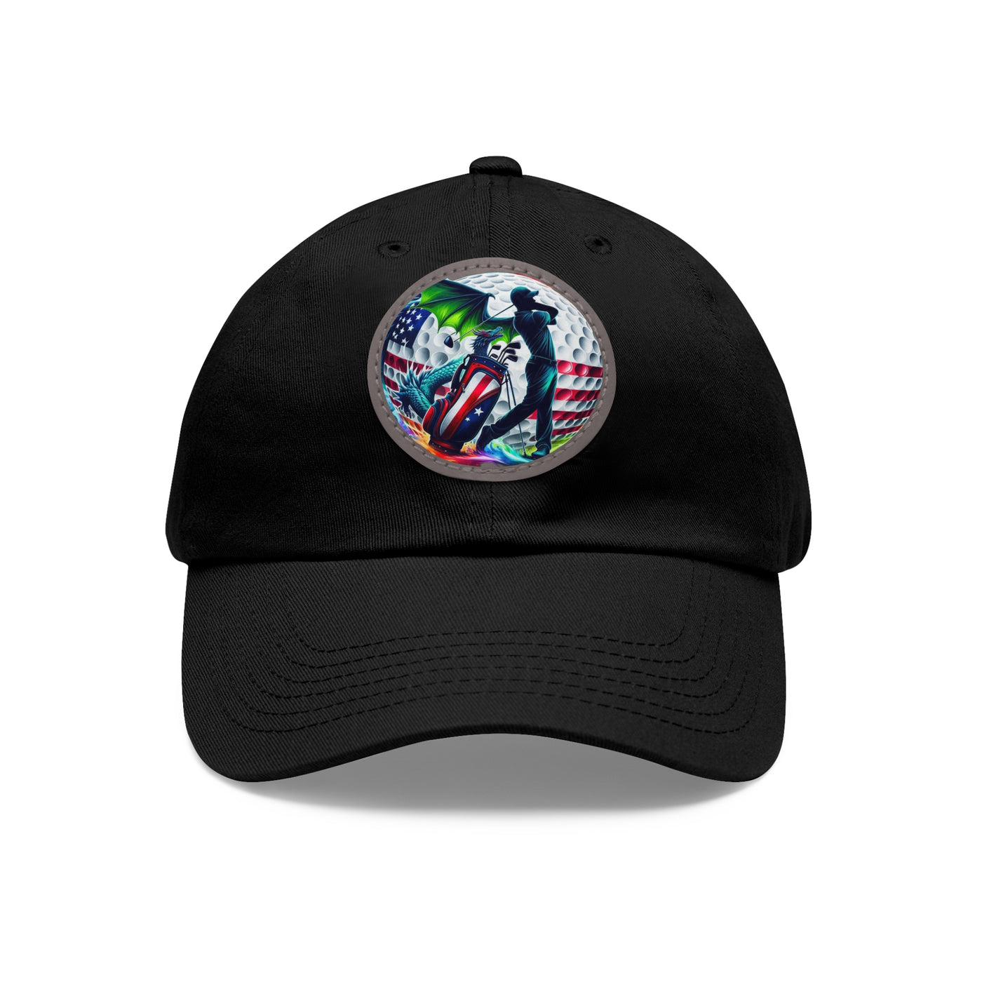 Dad Golf Hat with Leather Patch (Round), American Flag Silhouette Golf Ball Design