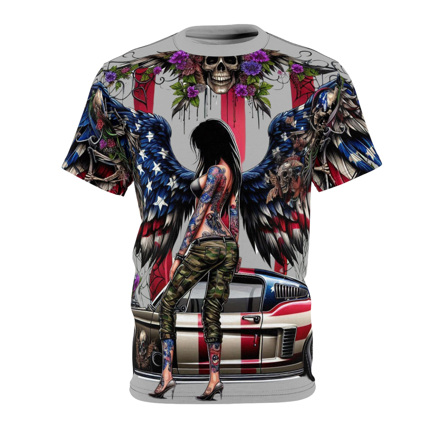 American Flag T-shirt, W/ Winged Female Silhouette & Mustang