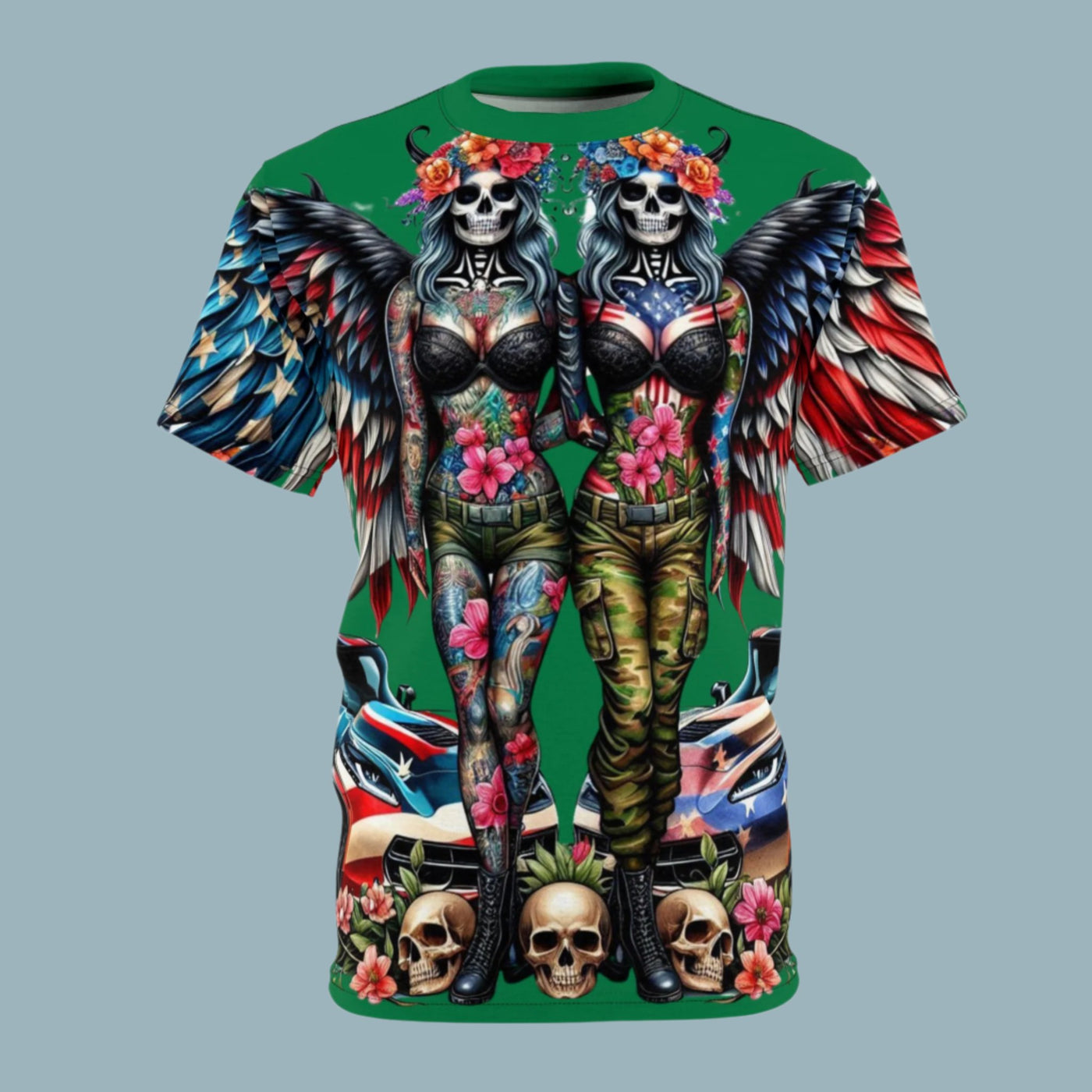 American Flag W/ Winged Female Silhouette & Hot Rod T-shirt